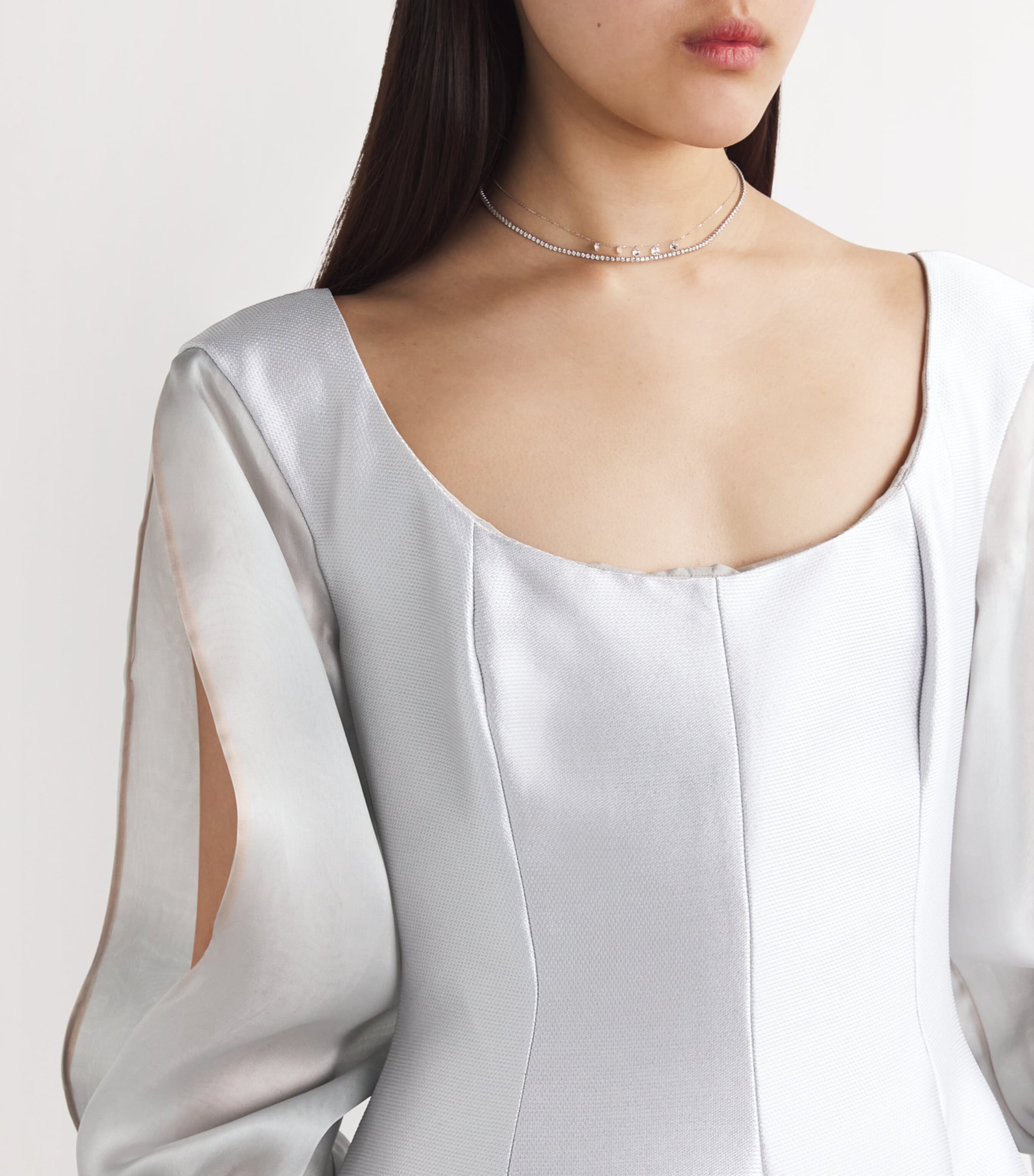 Piqué Organza-Sleeve Gown 71/GREY Image 6