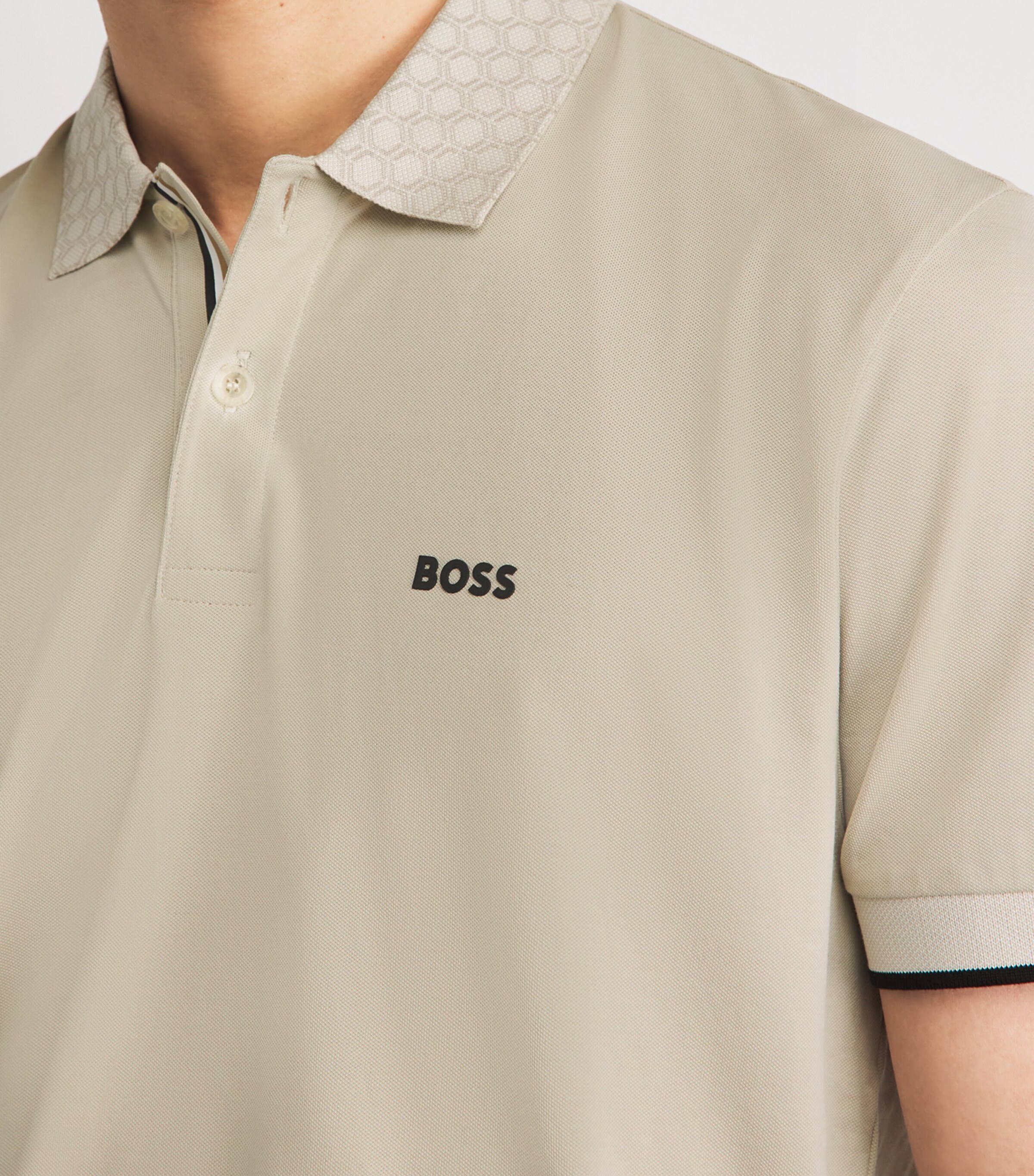 BOSS Mens Cotton Contrast-Collar Polo Shirt Light Beige Image 3