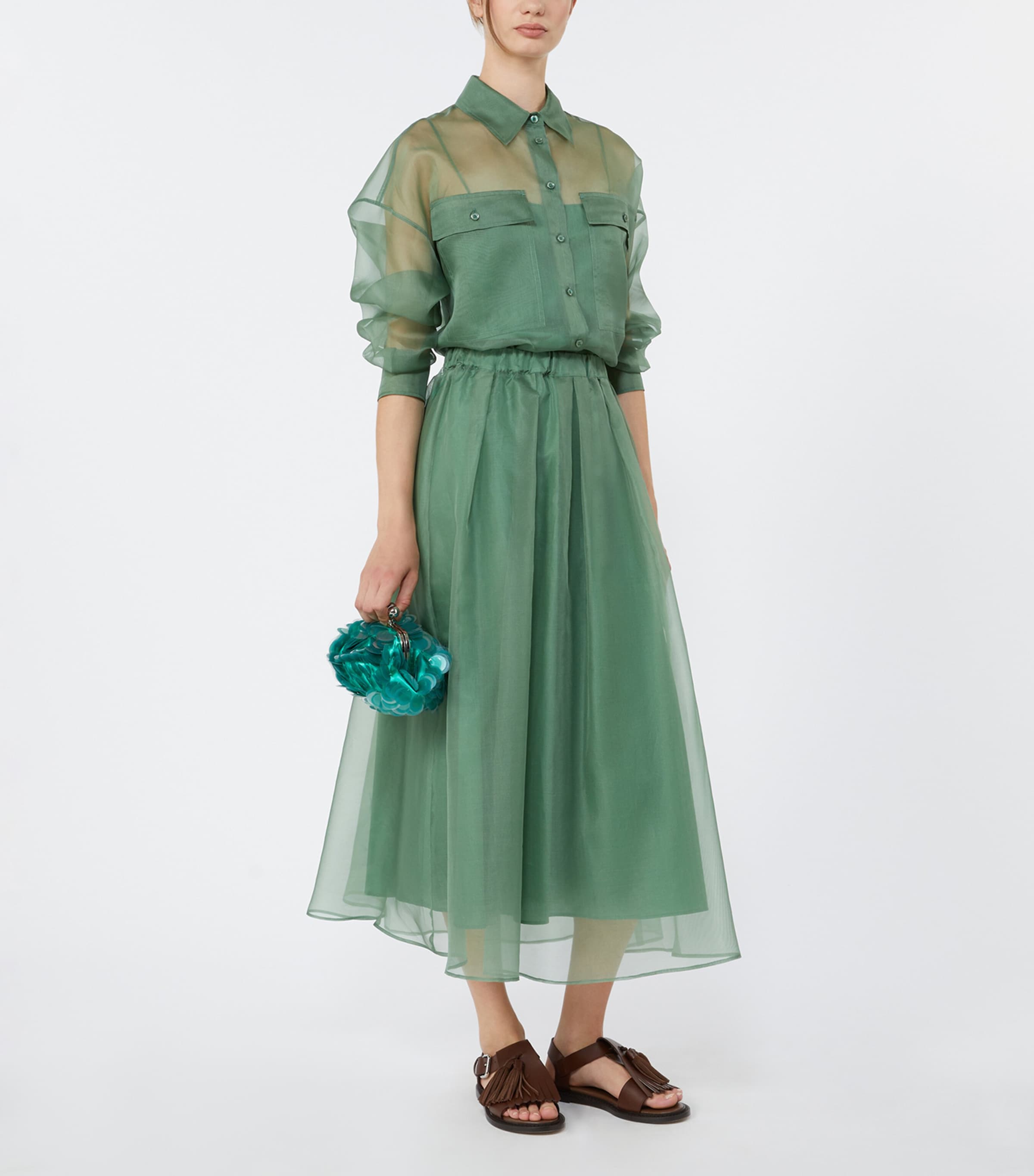 Weekend Max Mara Womens Silk Organza Maxi Skirt with Removable petticoat Green Image 2