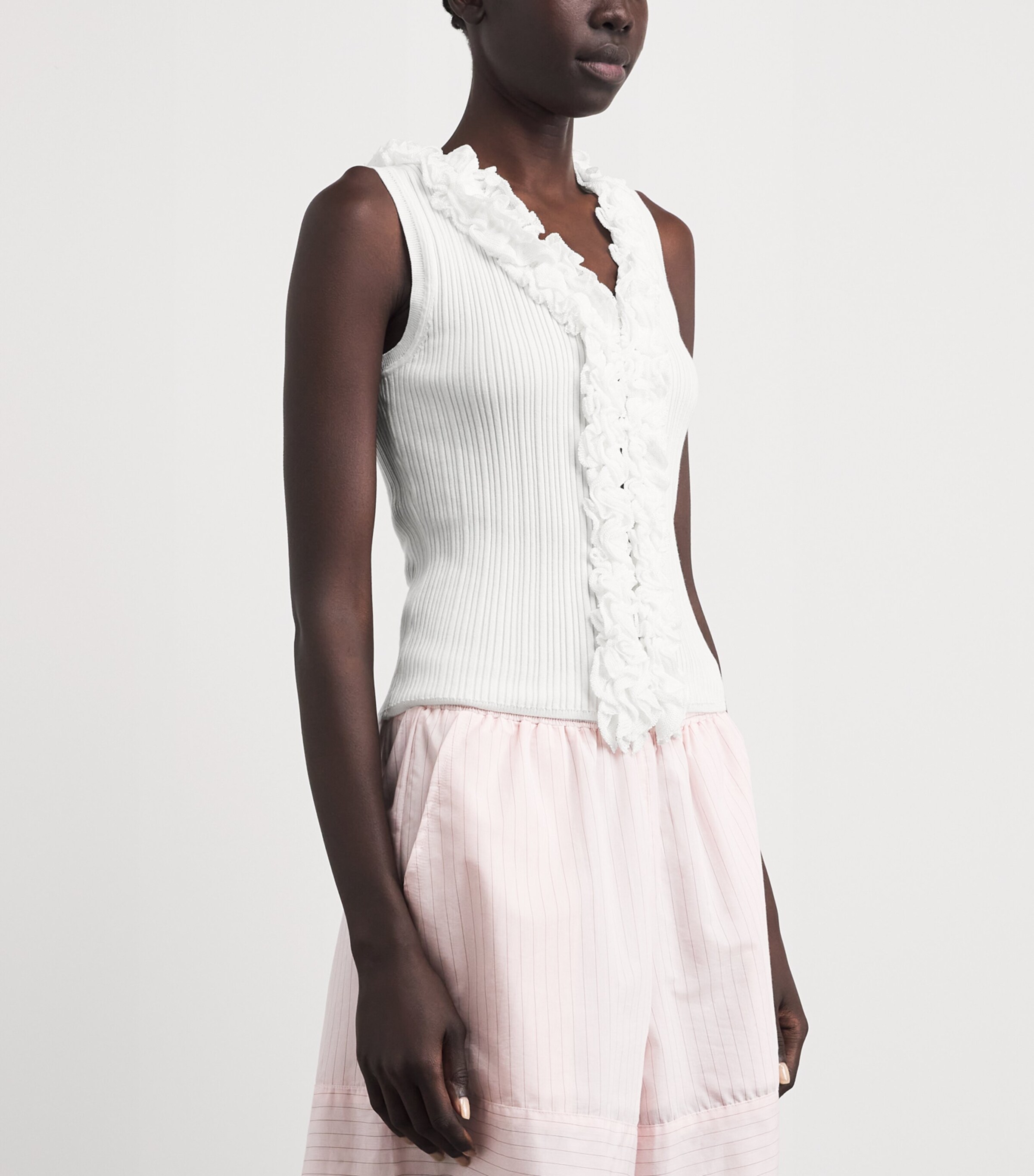 Claudie Pierlot Womens Ruffle-Trim Ribbed Tank Top White Image 4