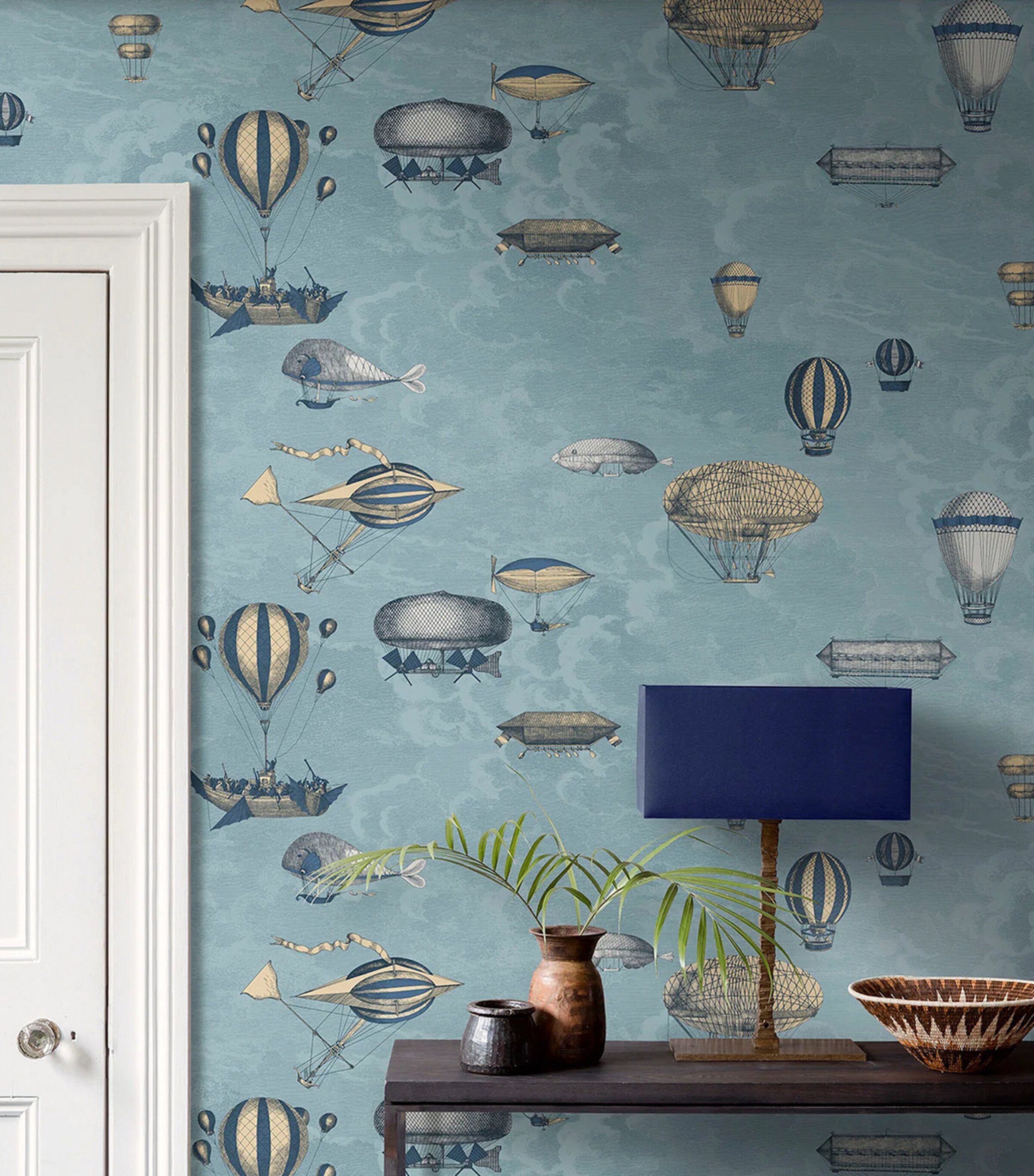 x Fornasetti Set of 2 Macchine Volanti Wallpaper Rolls SKY BLUE&METALLIC Image 3