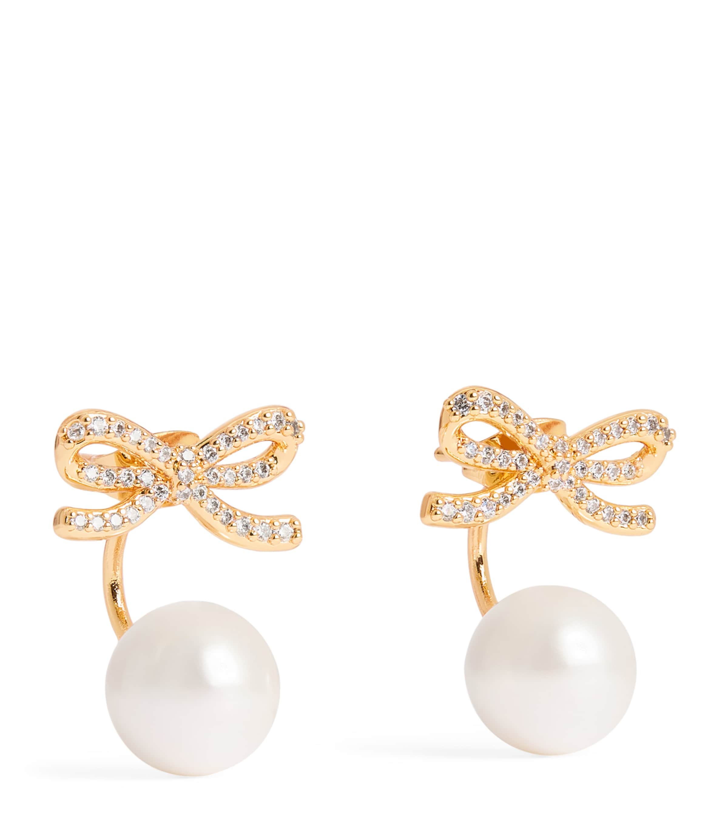 Self-portrait Crystal And Faux Pearl Bow Jacket Earrings In Gold