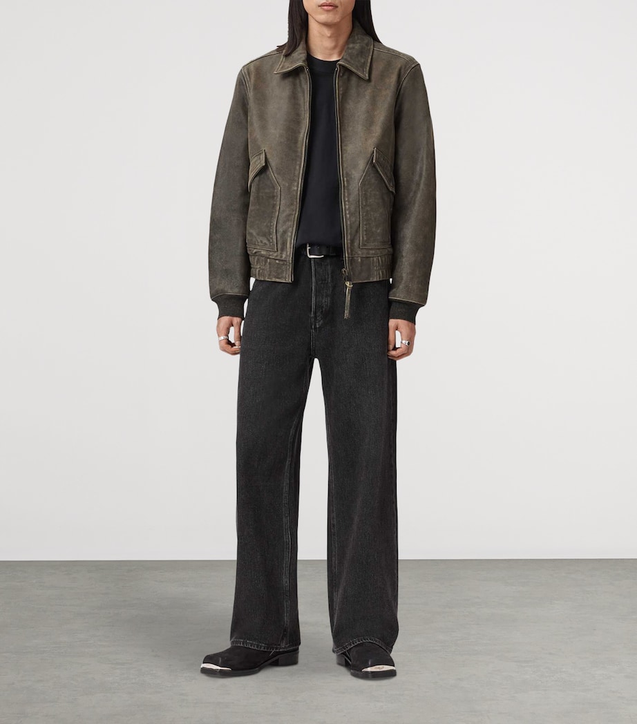 AllSaints Mens Marland Aviator Leather Jacket Black Beige Image 2