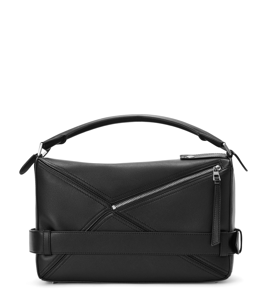 Large Leather Puzzle Edge Top-Handle Bag BLACK Image 4