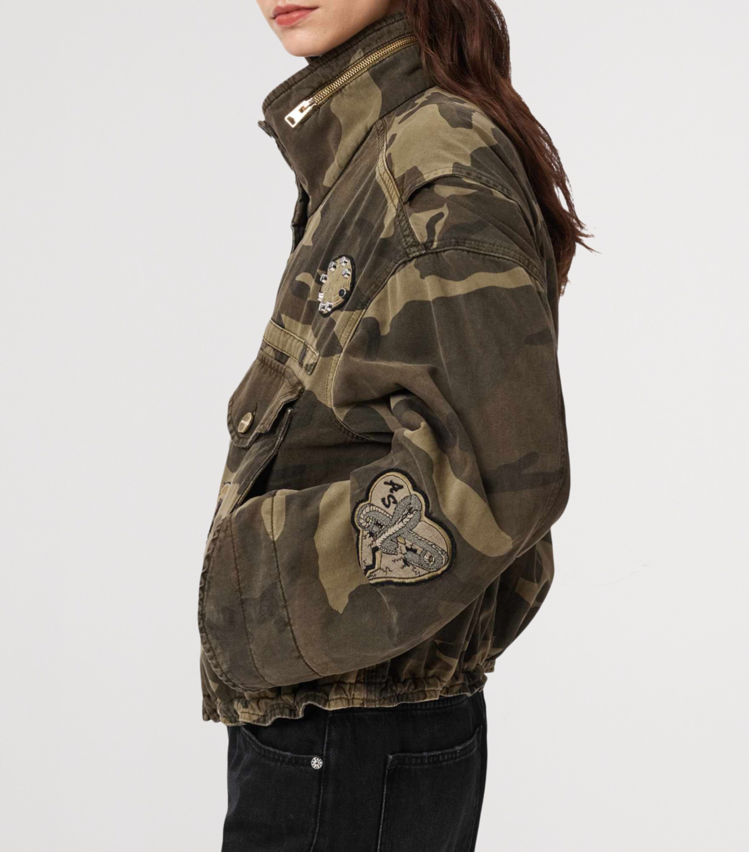 AllSaints Womens Organic Cotton Clay Patch Jacket Camo Green Image 5