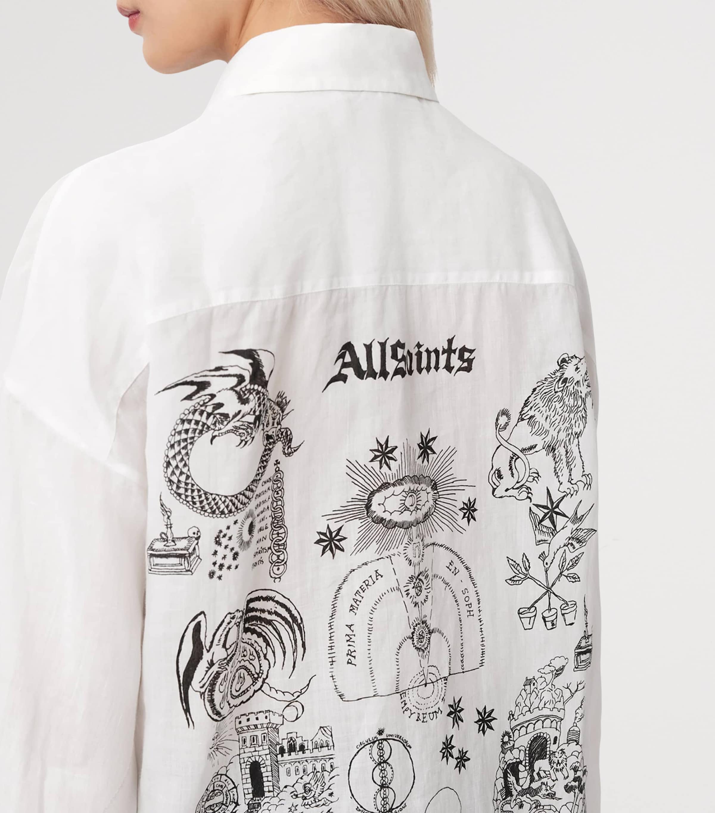 AllSaints Womens Linen Printed Sparrow Shirt White Image 5