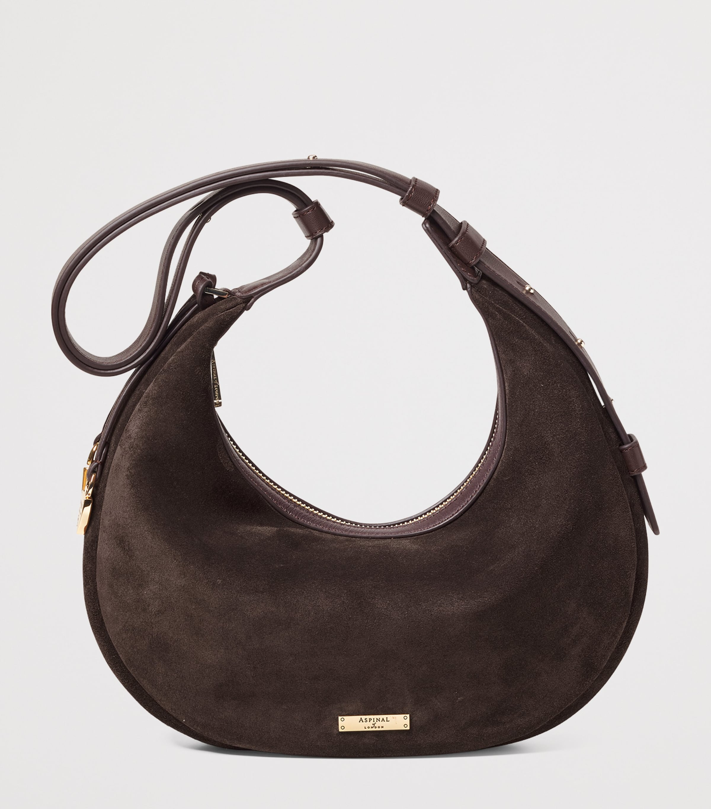 Aspinal Of London Small Suede Hudson Crescent Shoulder Bag Chocolate Image 2