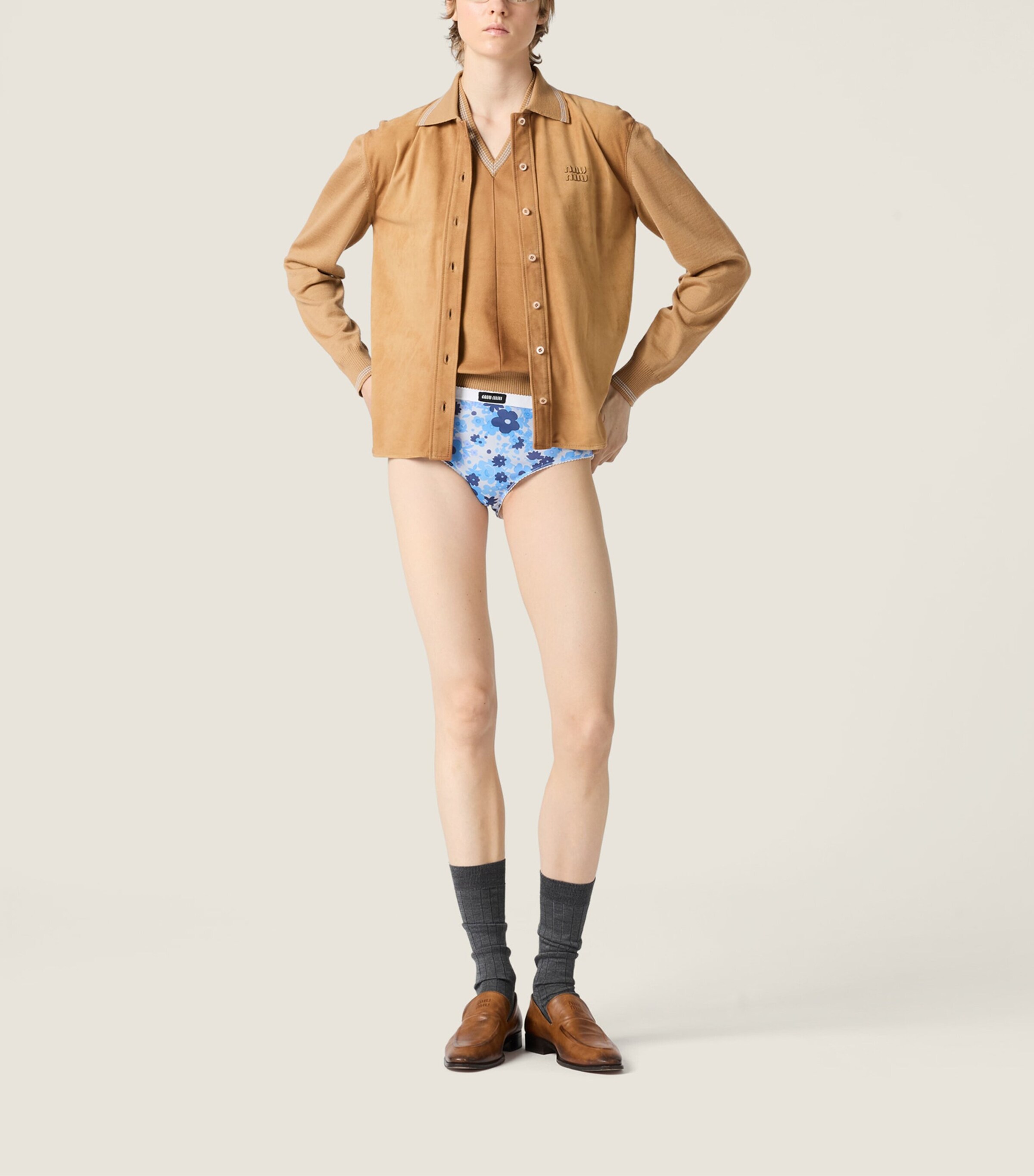 Miu Miu Womens Suede-Wool Logo Shirt Image 2
