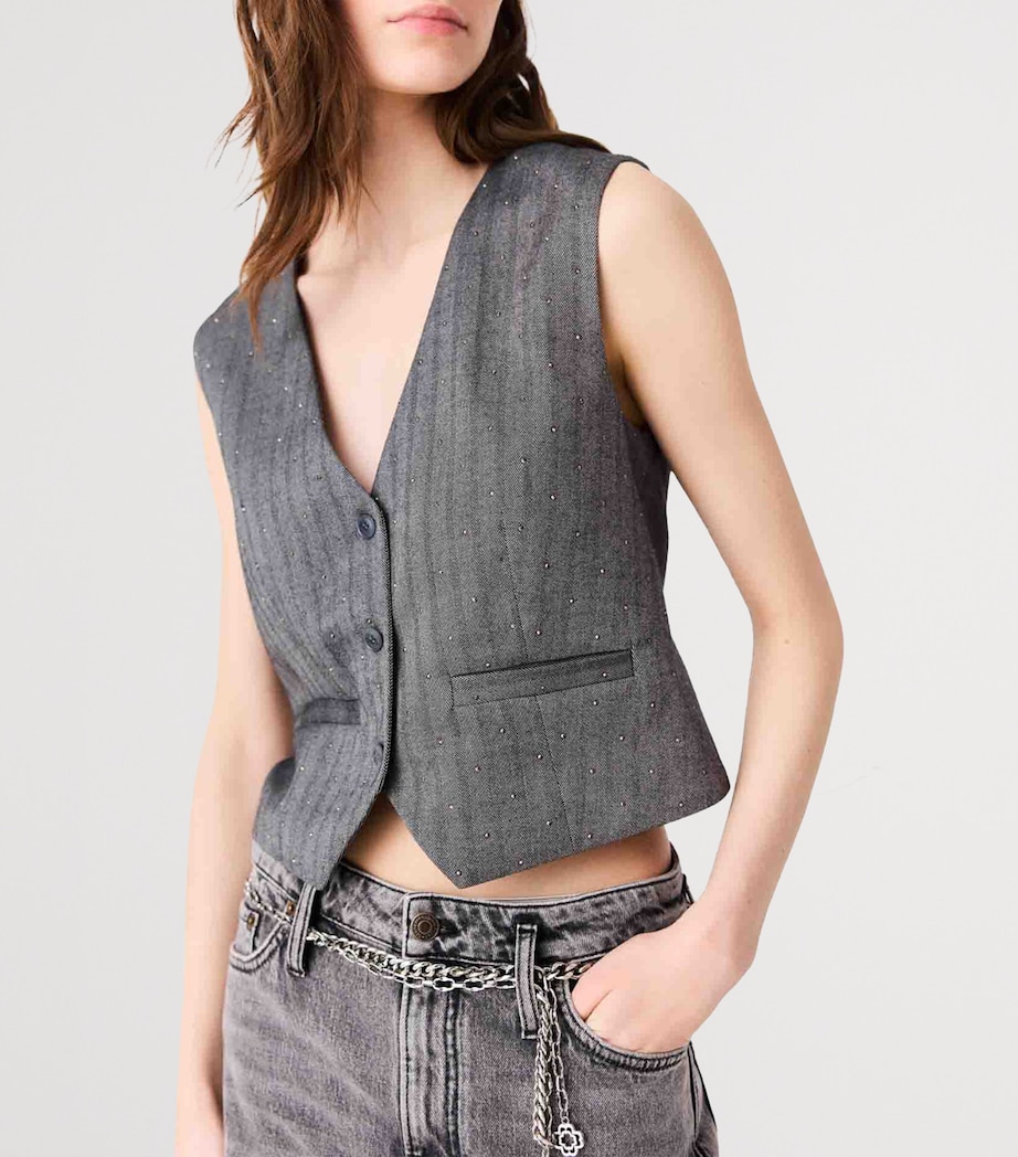 Maje Womens Striped Rhinestone-Embellished Waistcoat Grey Image 7