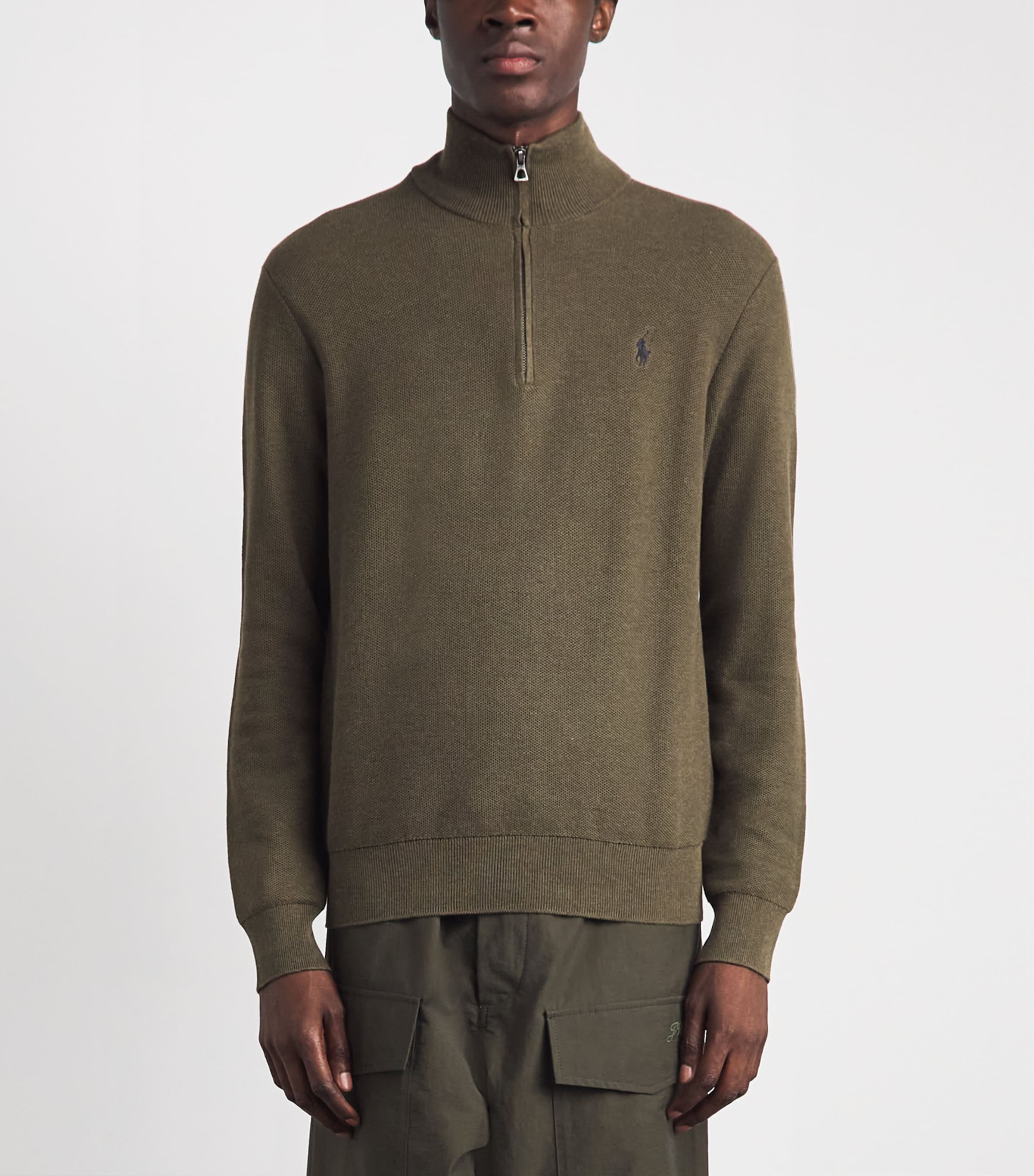 Polo Ralph Lauren Mens Cotton Quarter-Zip Sweater Cargo Olive Heather Image 4