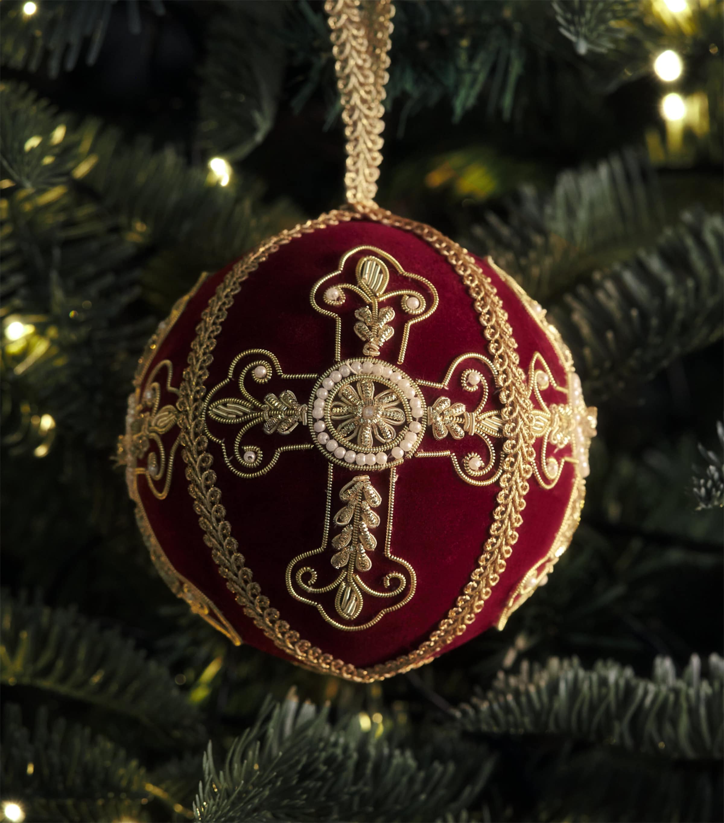 Harrods Velvet Embellished-Cross Bauble Burgundy/gold Image 3