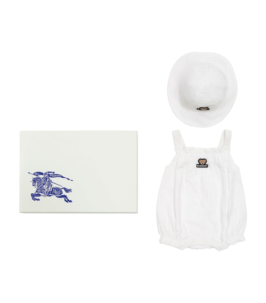 Burberry Kids Cotton Thomas Bear Playsuit and Hat Set (1-18 Months) White Image 1