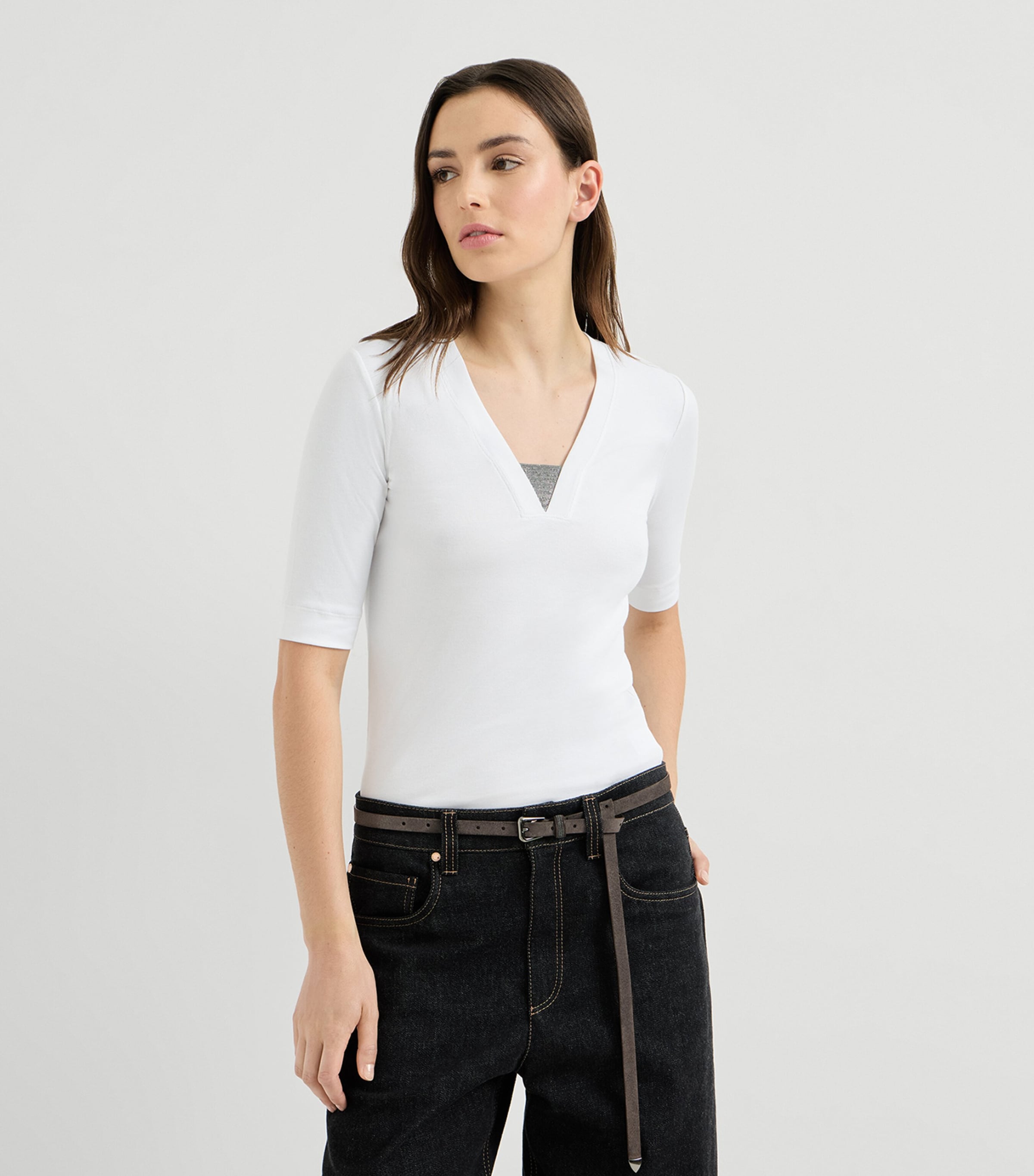 Brunello Cucinelli Womens Monili V-Neck T-Shirt White Image 4