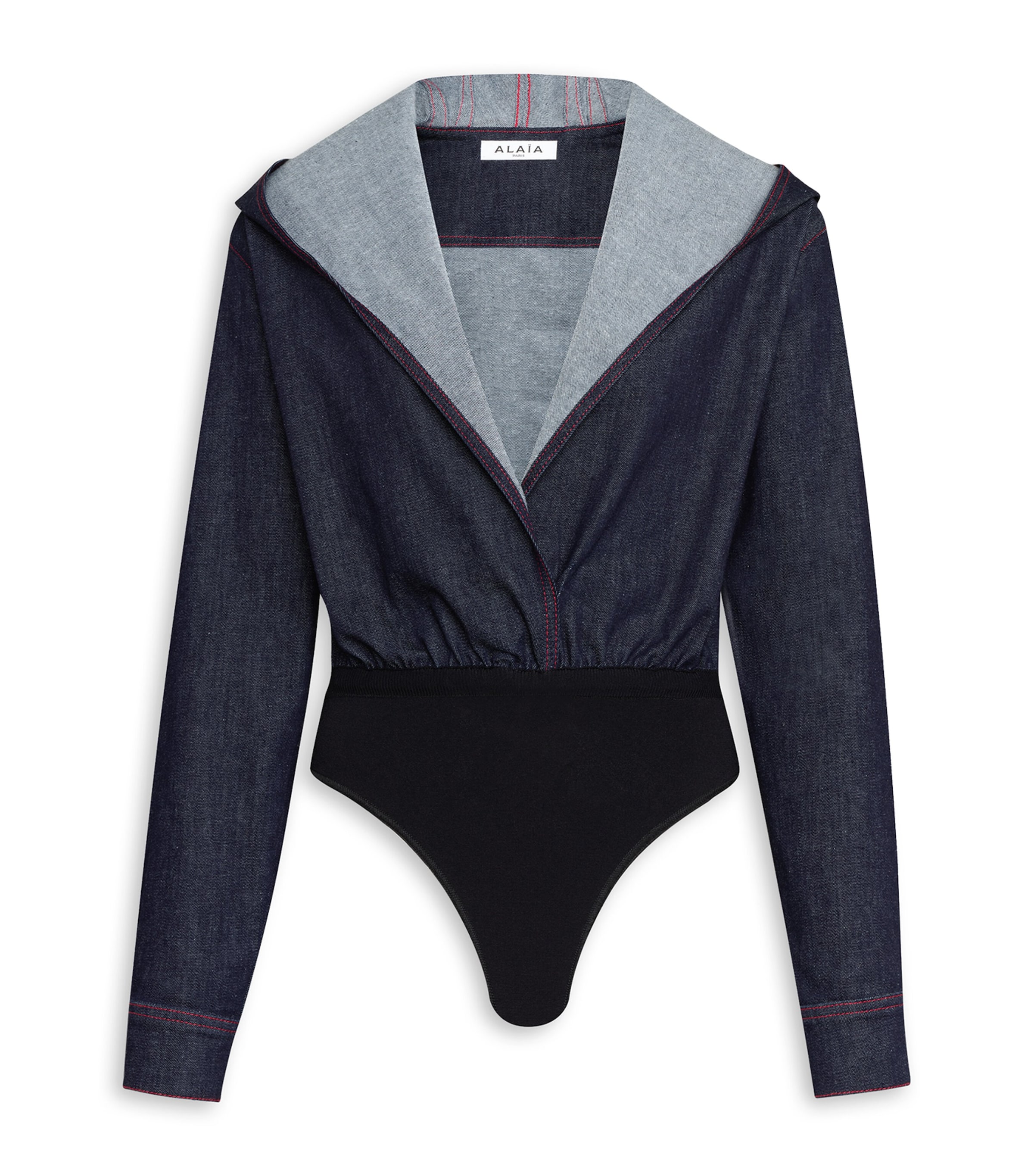 ALAÏA DENIM HOODED BODYSUIT 