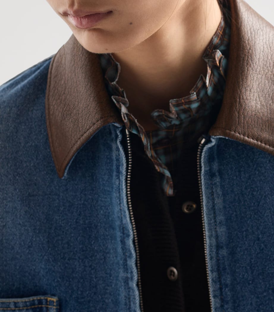 Leather-Collar Cropped Denim Jacket F0V3N Image 4