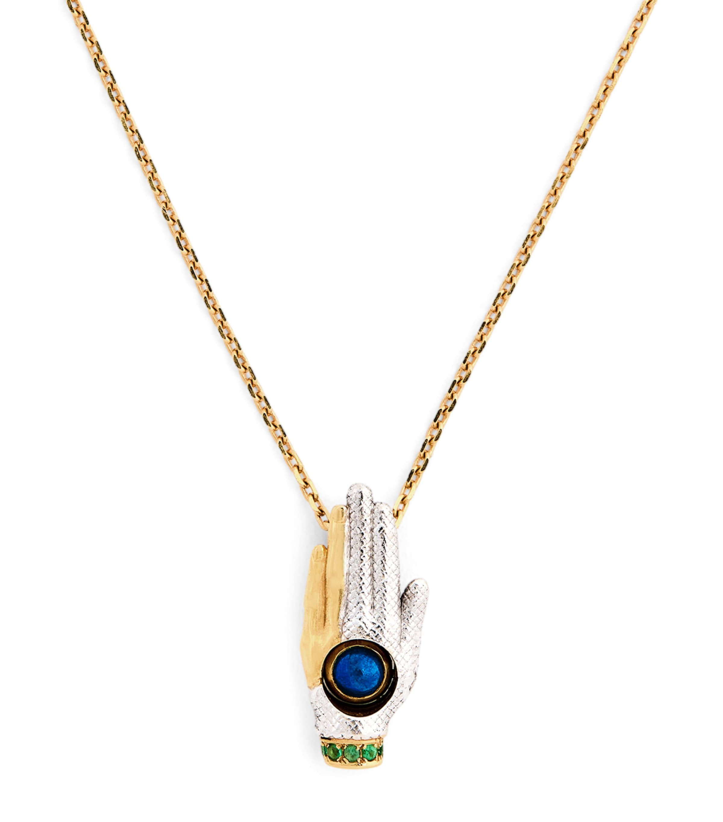 Shop Katarina Tarazi Mixed Gold And Lapis Lazuli Râ Hand Amulet Necklace