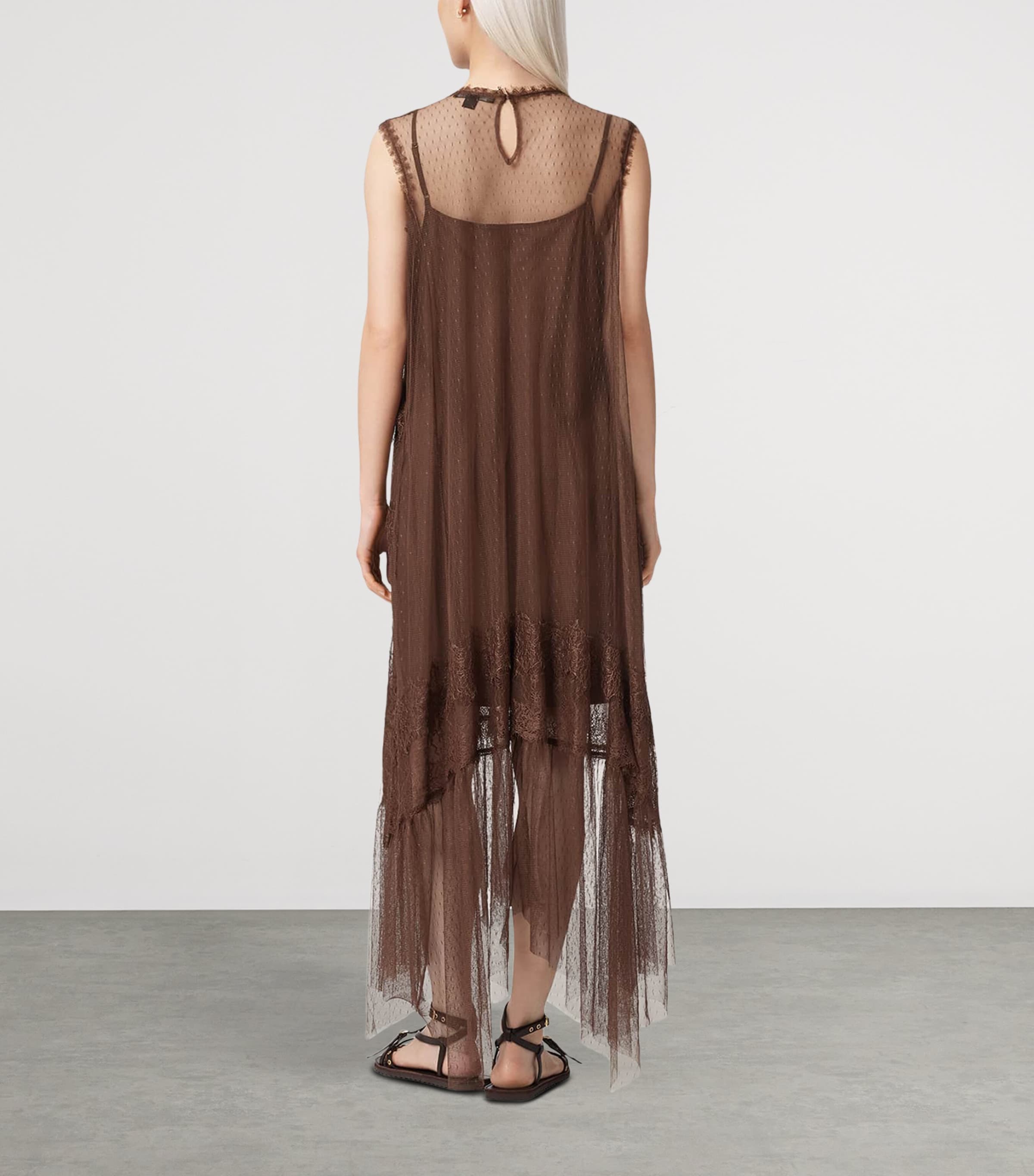 AllSaints Womens Tulle Lace-Trimmed Clara Midi Dress Bitter Brown Image 4