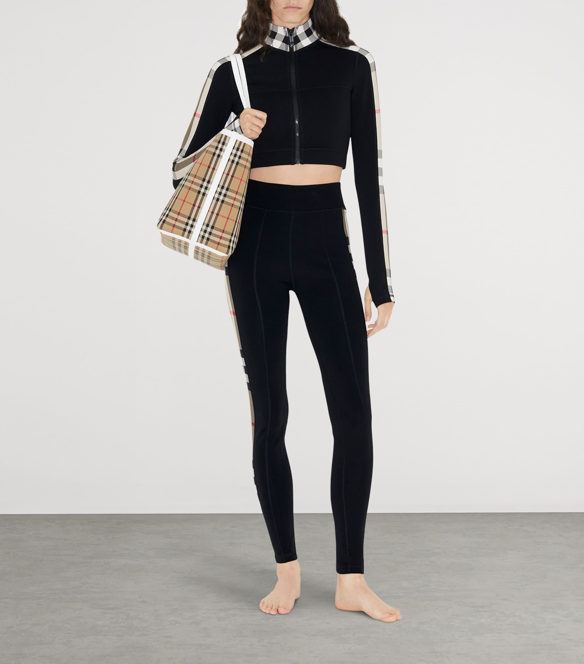 Stretch-Jersey Check Zip-Up Crop Top BLACK Image 2