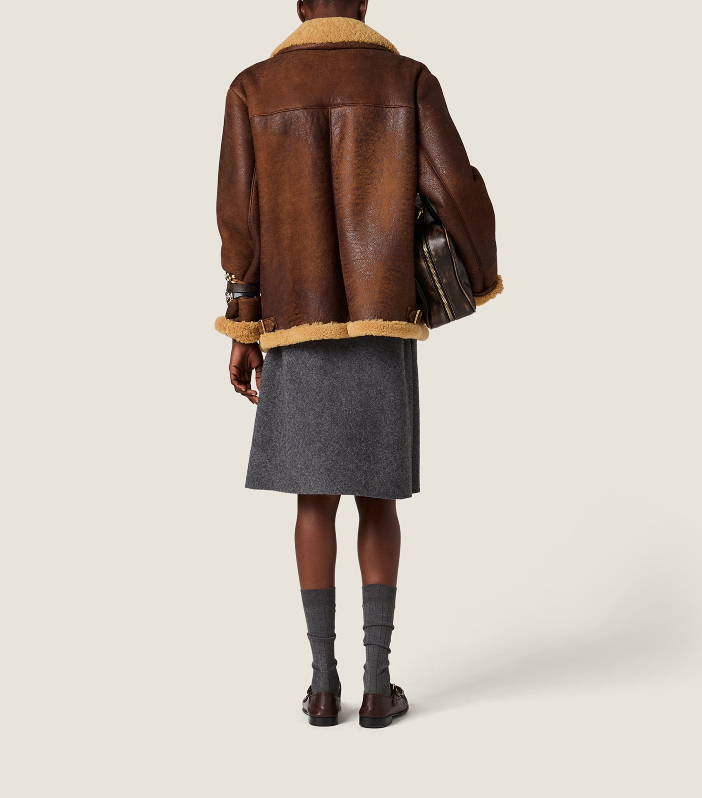 Waxed Leather Shearling-Trim Jacket F0003 Image 3