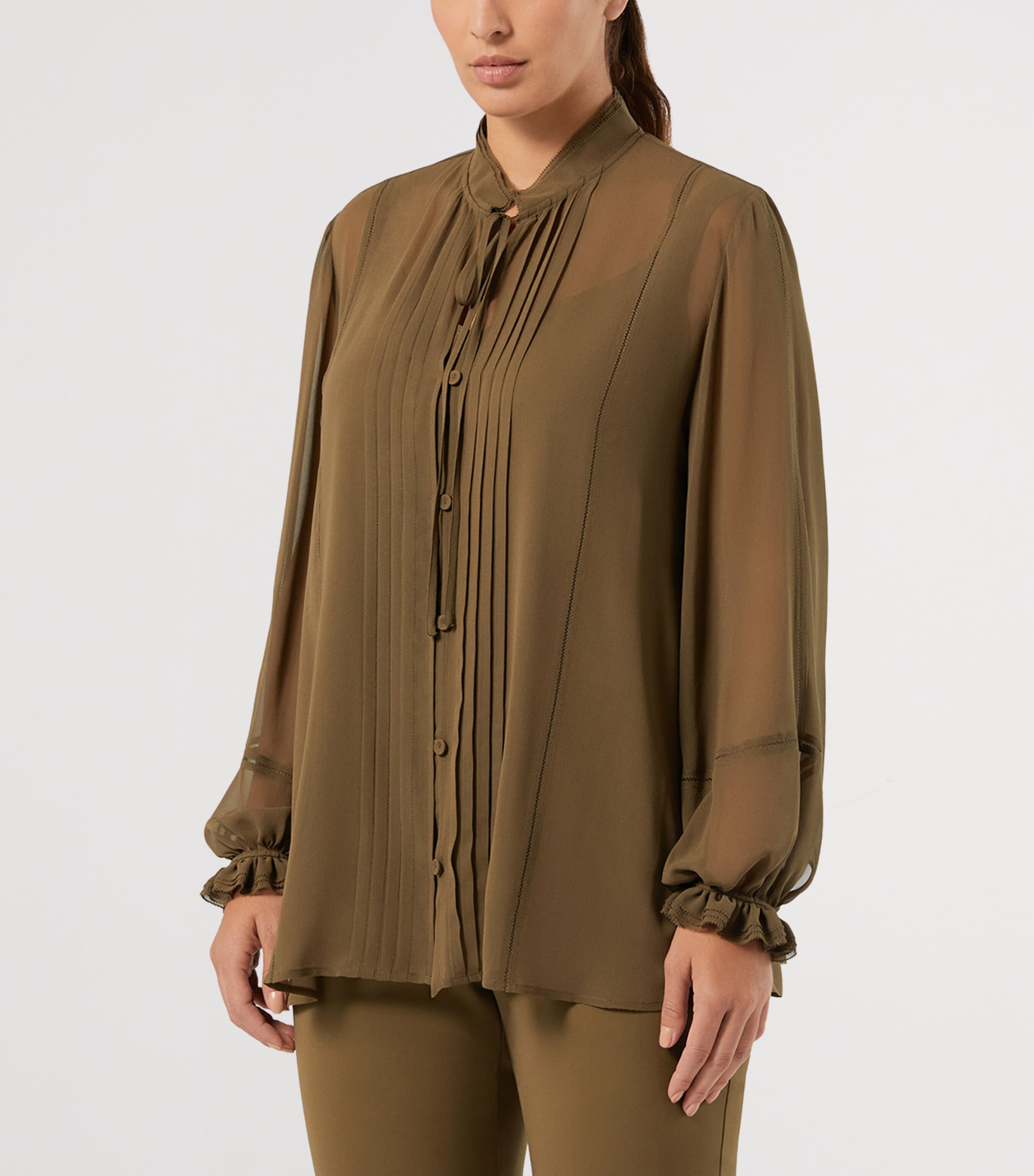 Marina Rinaldi Womens Silk Tie-Neck Blouse Kaki Image 3