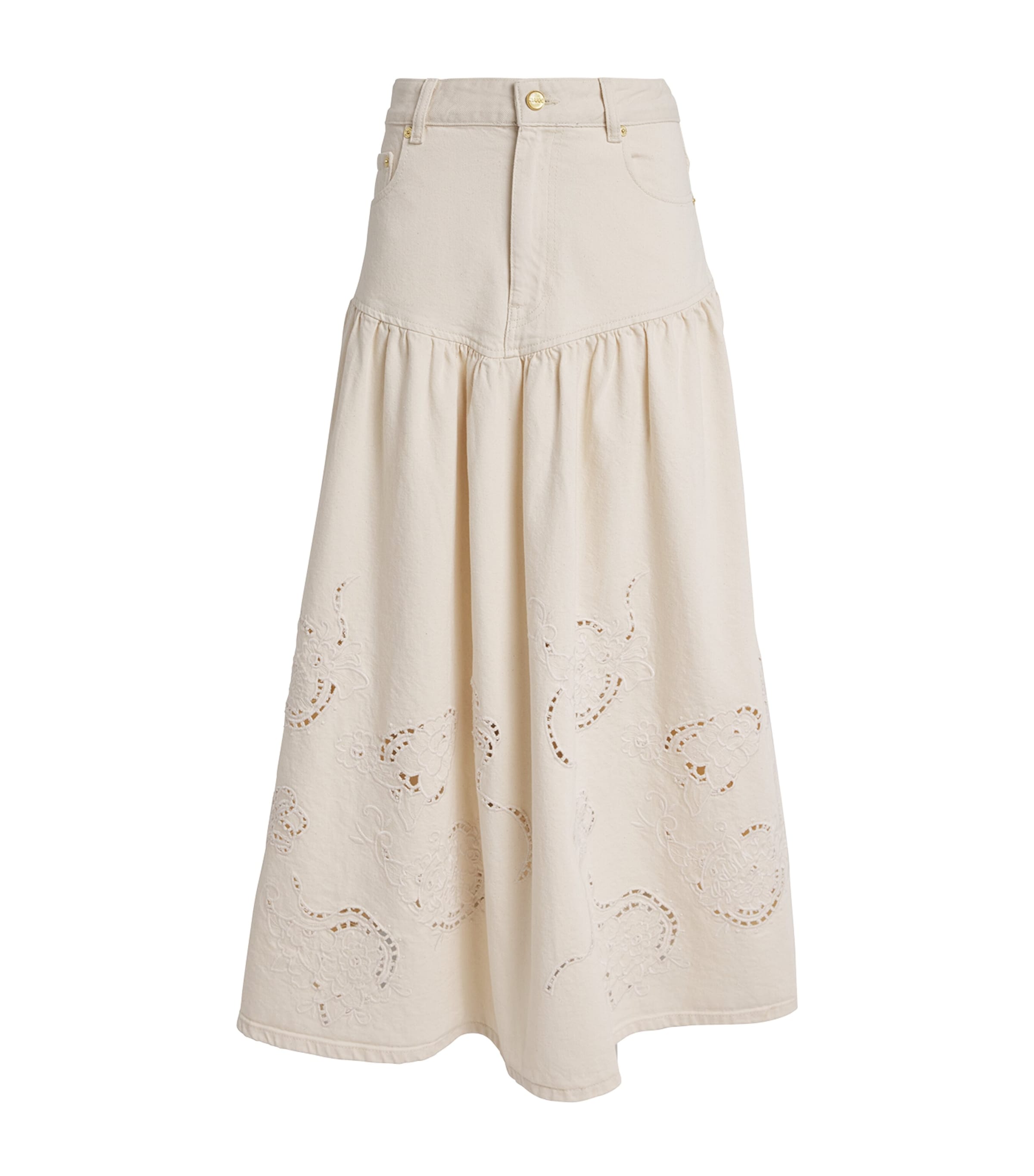 Ganni Denim Broderie Anglaise Midi Skirt In White