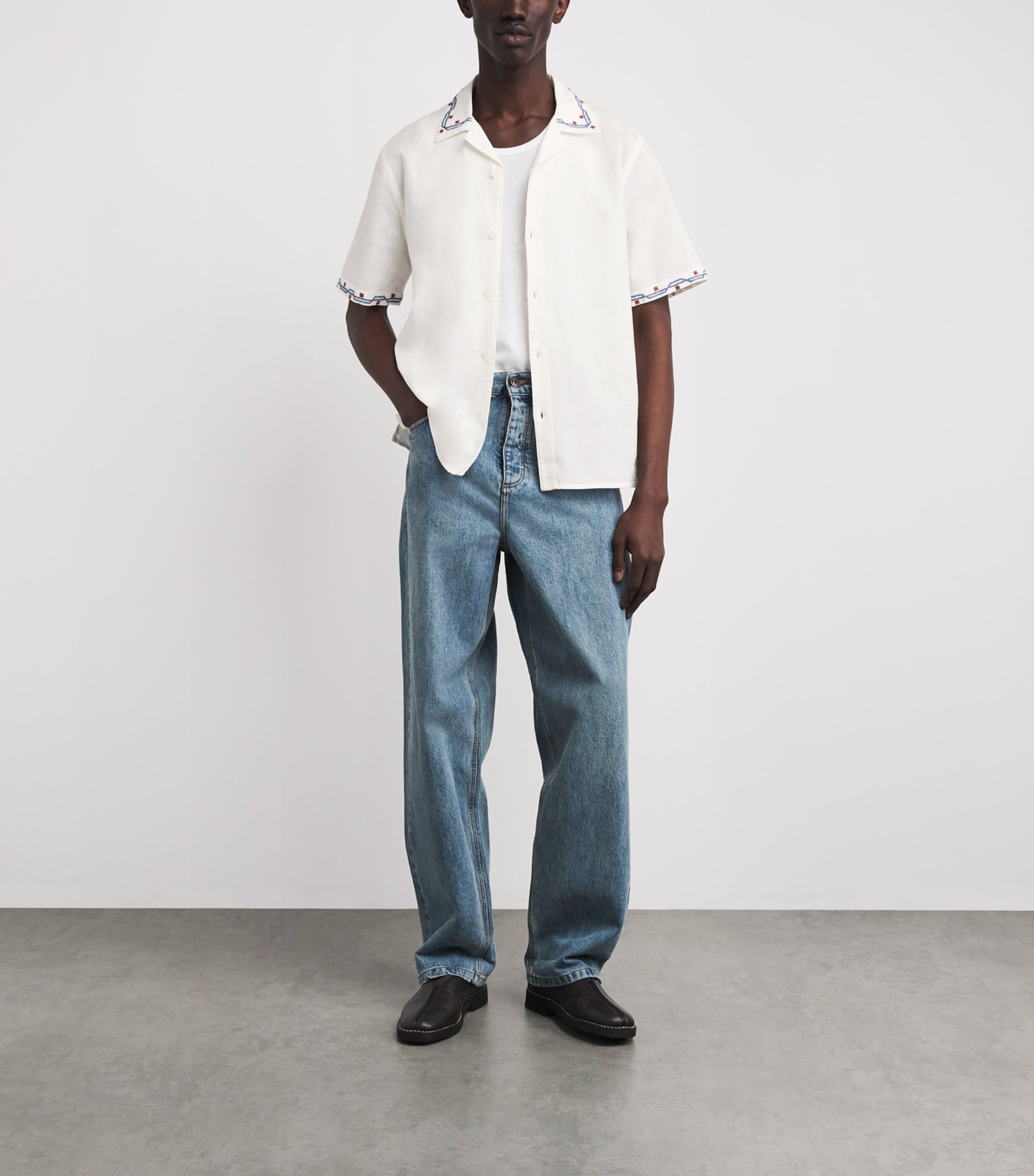 Wax London Mens Cotton-Linen Embroidered Didcot Shirt Ecru Image 2