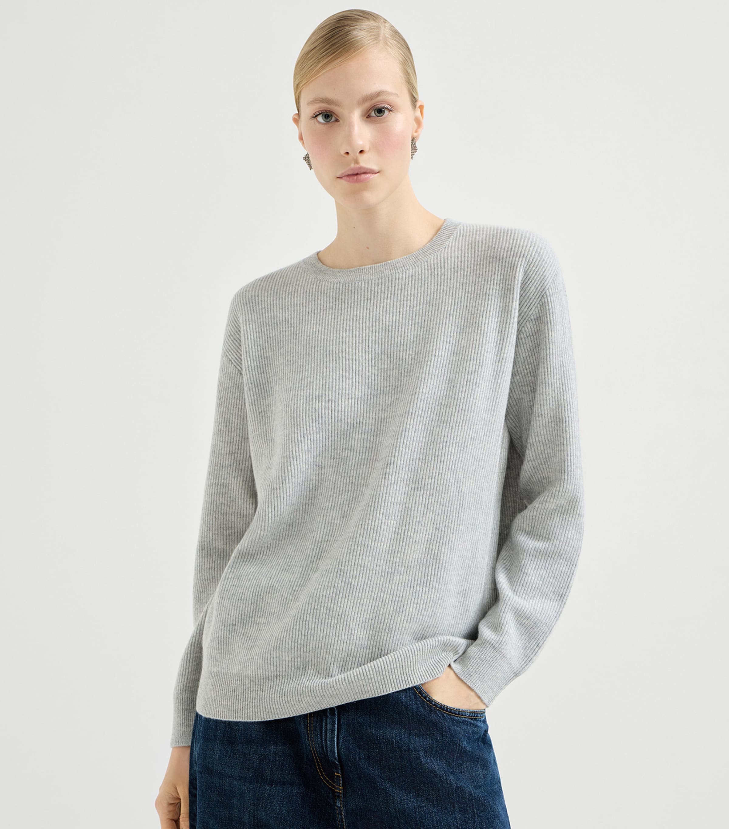 Brunello Cucinelli Womens Cashmere Ribbed Monili-Trim Sweater Image 3