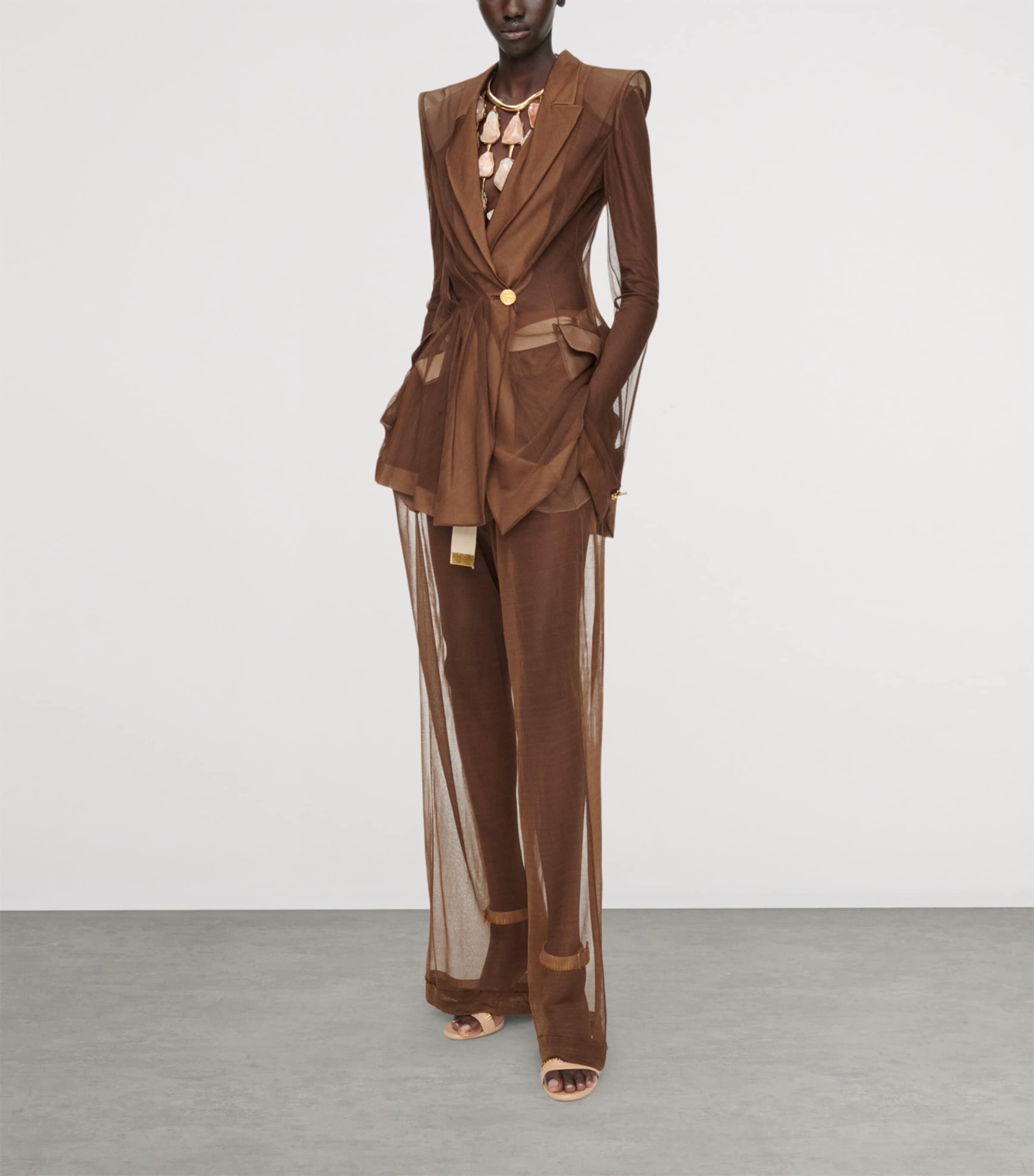 Schiaparelli Womens Silk Transparent Double-Breasted Jacket Brown Image 2