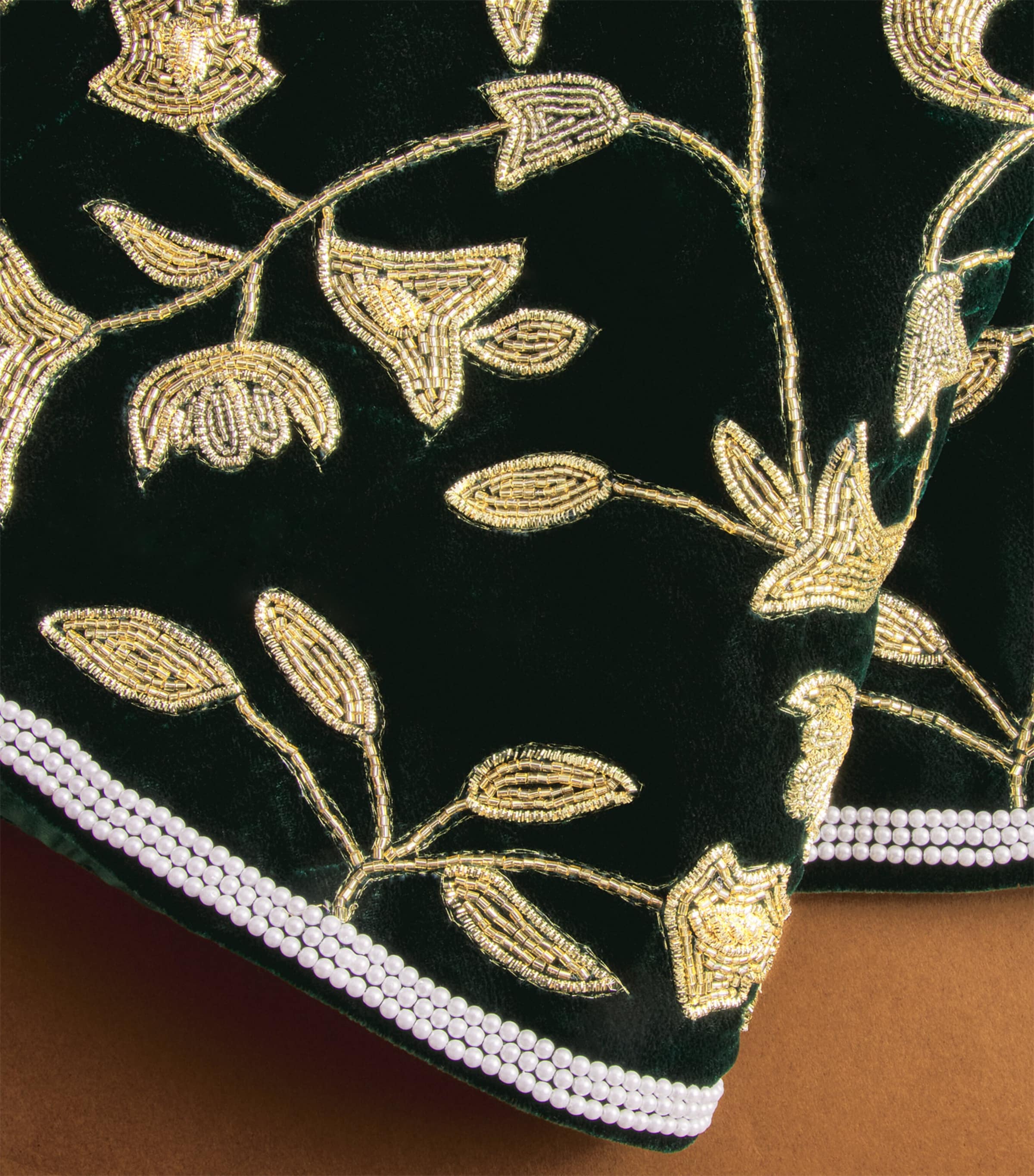 Harrods Velvet Embroidered Vine Tree Skirt Green/gold Image 2