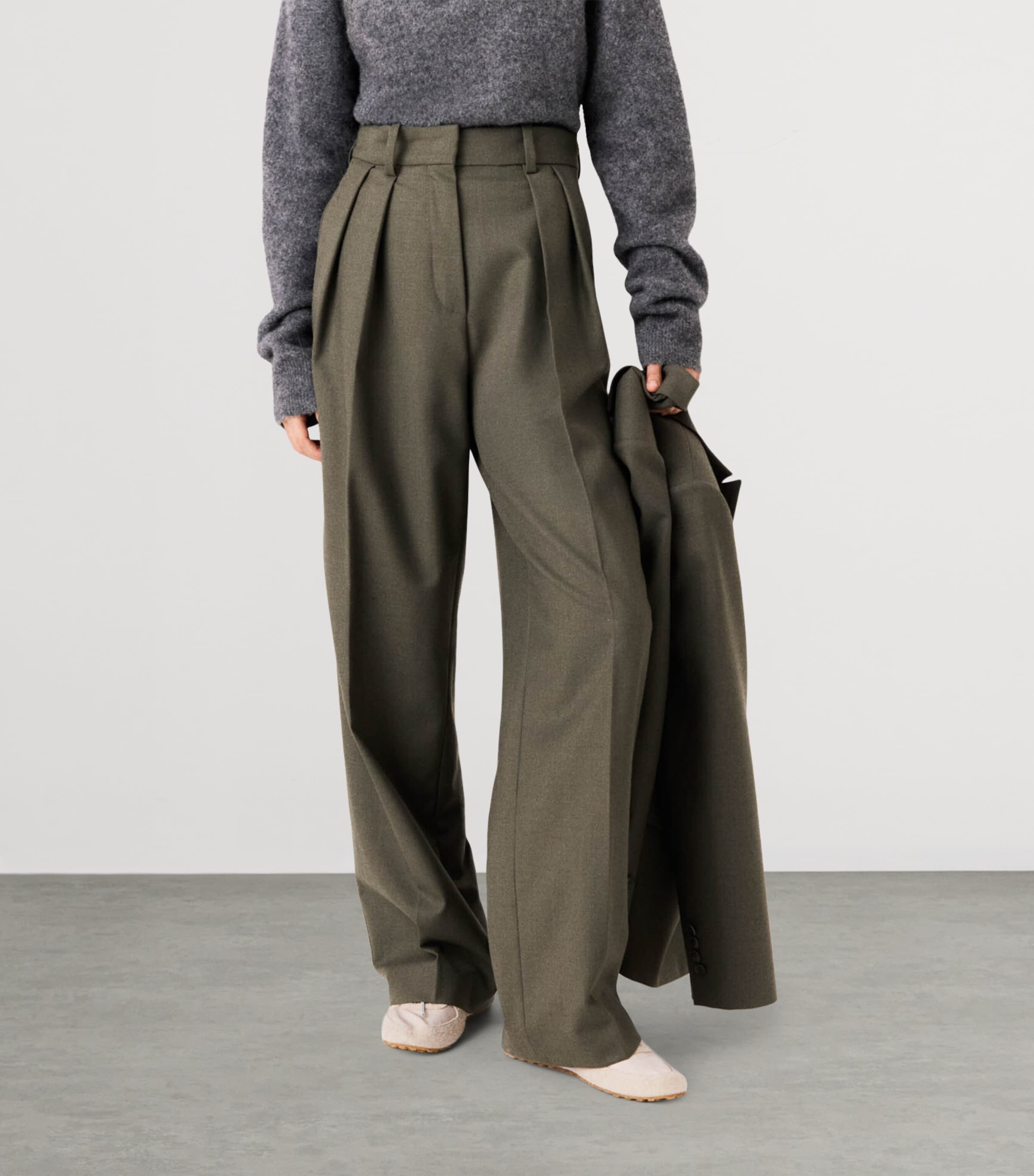 Maje Womens Wool-Blend Pleated Trousers Khaki Image 6
