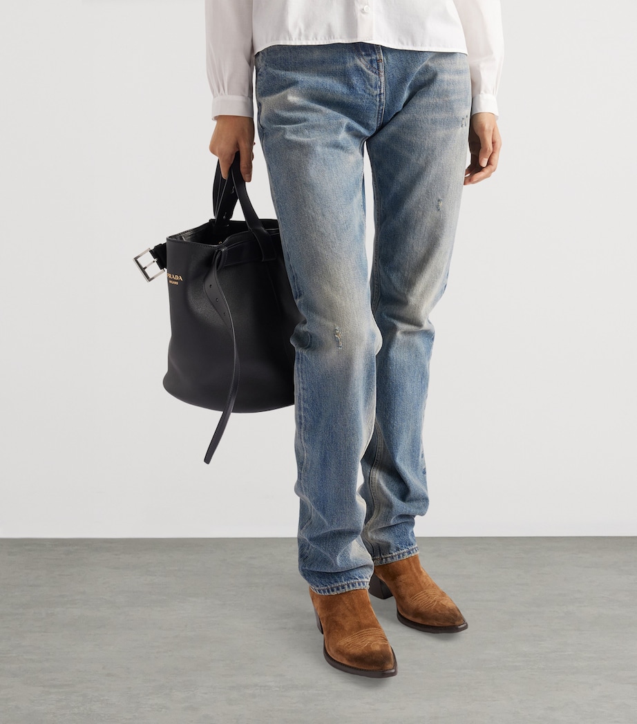 Prada Womens Distressed Low-Rise Straight Jeans Image 4