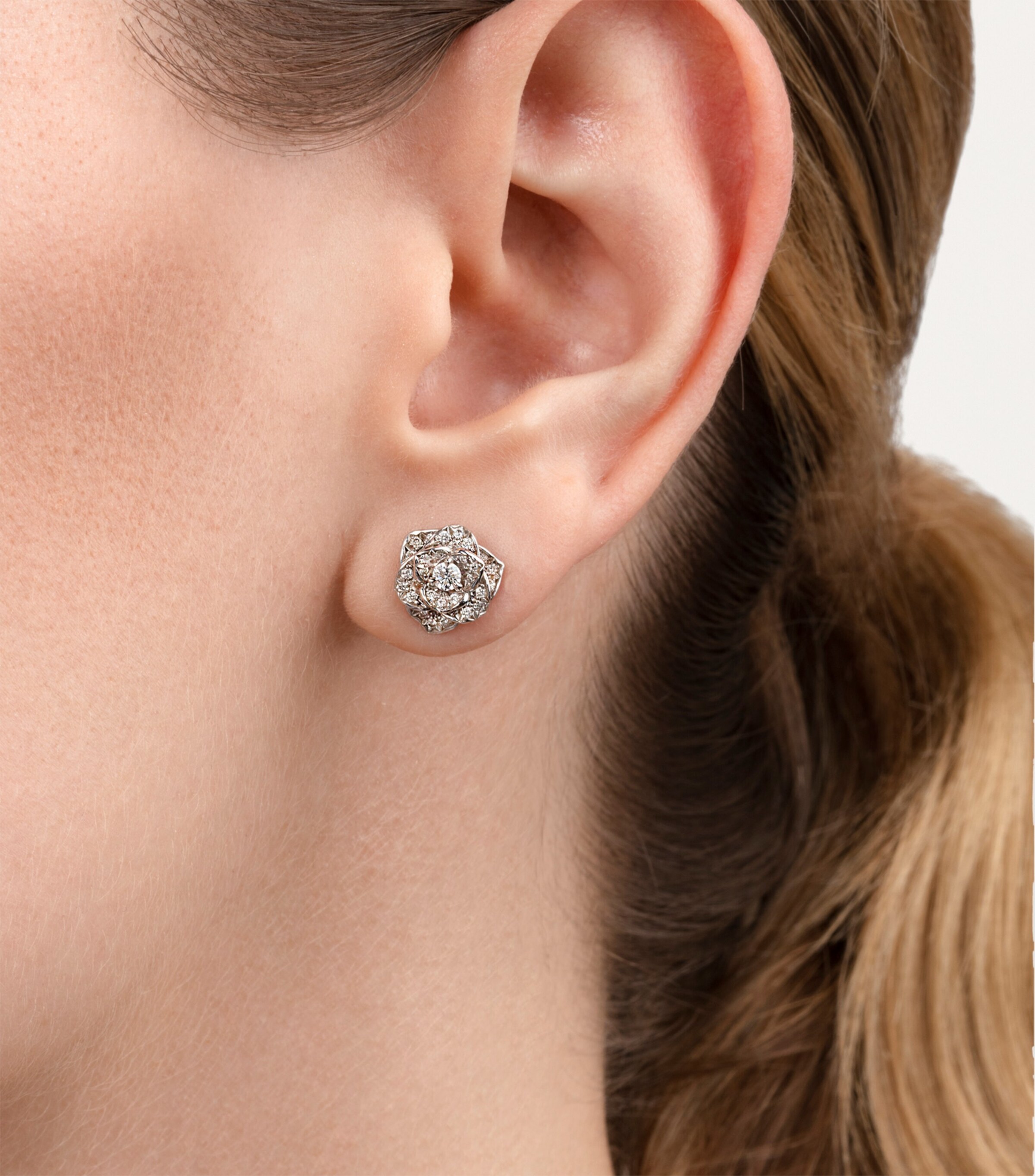 White Gold and Diamond Rose Stud Earrings GOLD Image 3