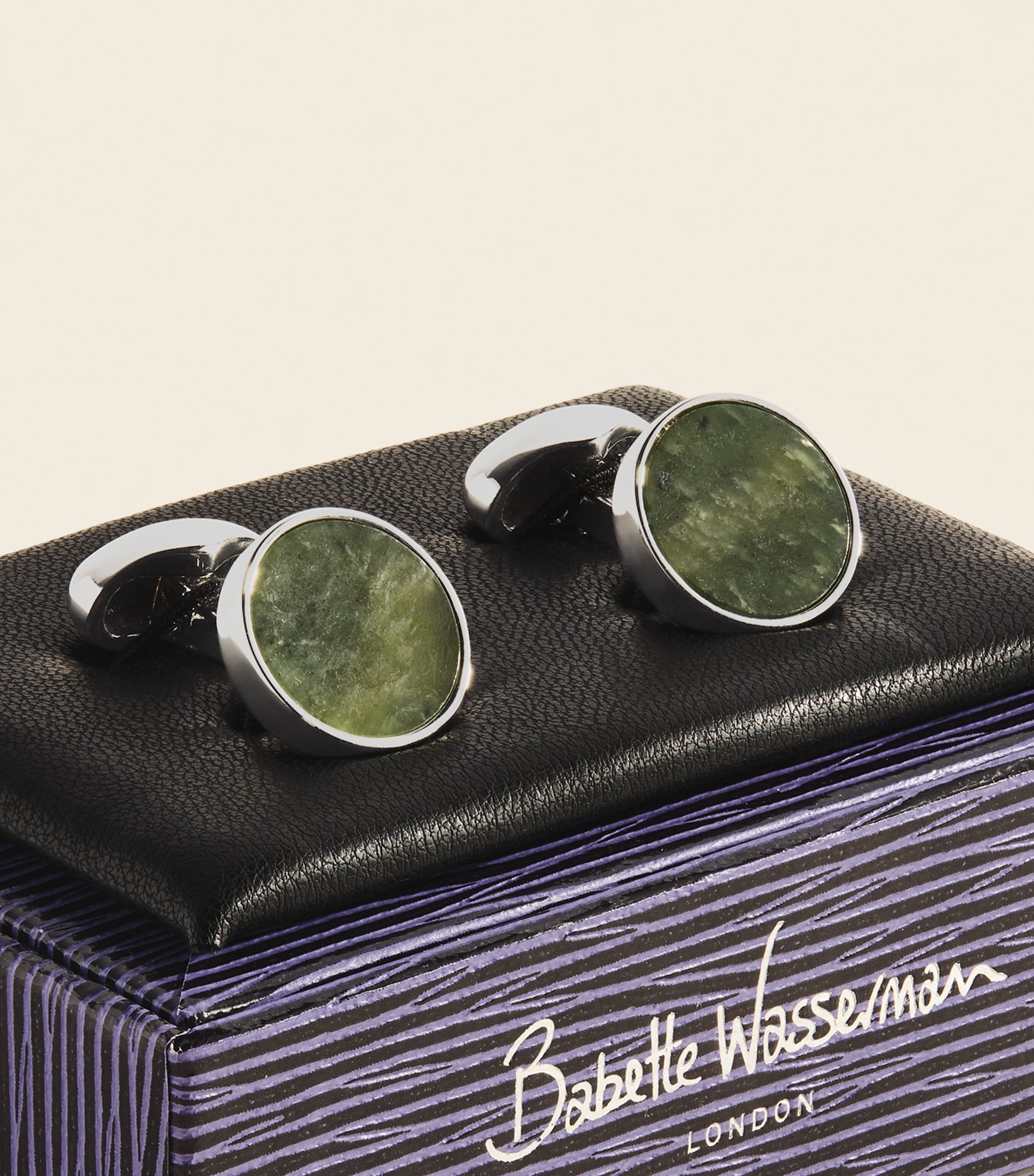 Babette Wasserman Rhodium-Plated Jade Circle Cufflinks Green Jade Image 3