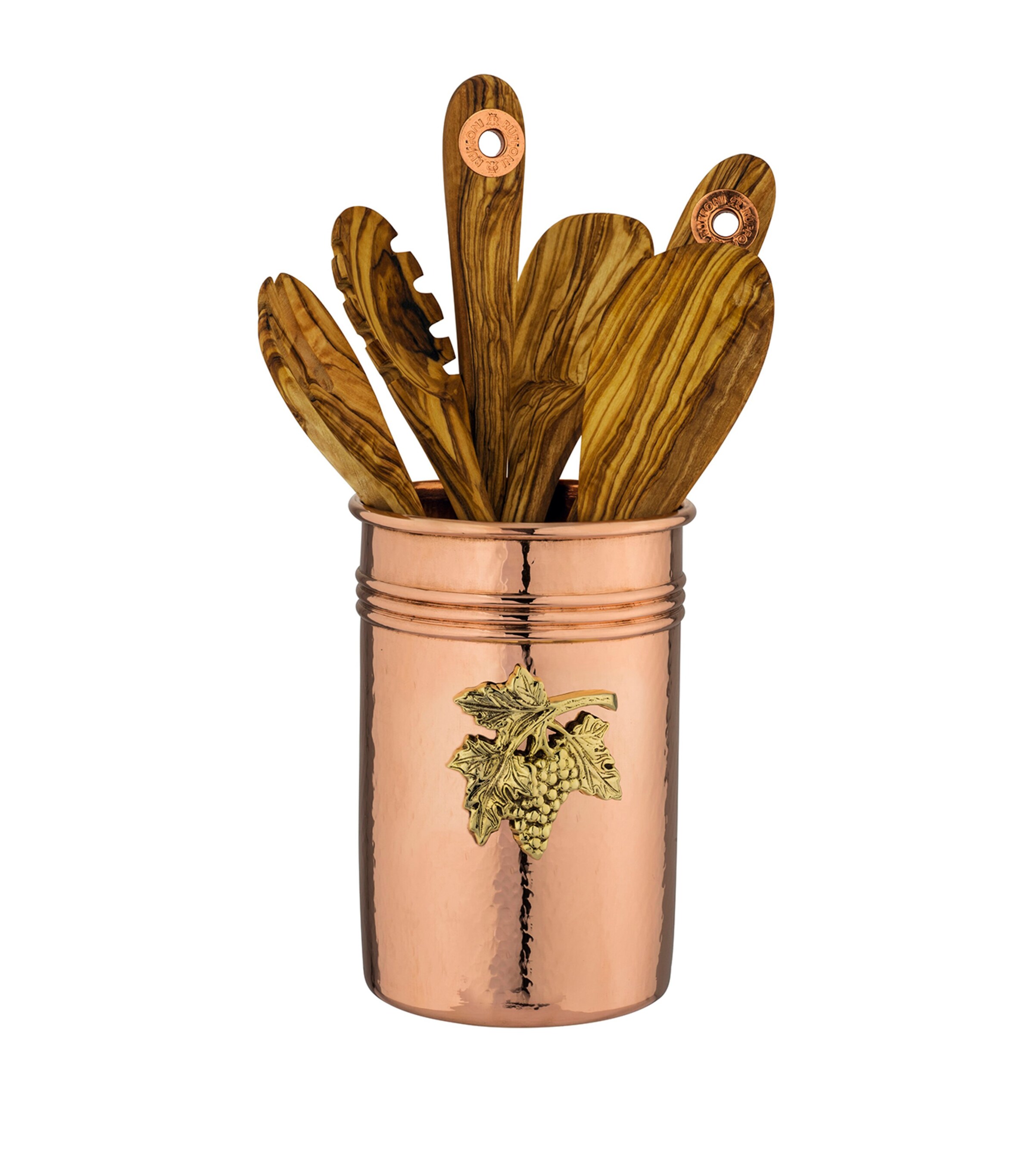 Ruffoni Set Of 6 Olive Wood Utensils And Copper Utensil Holder In Brown