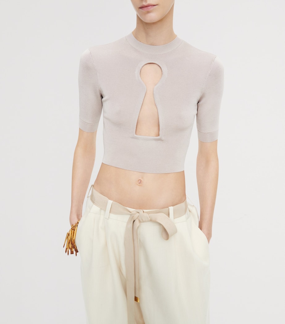 Schiaparelli Womens Knitted Keyhole Cropped T-Shirt Khaki Image 2