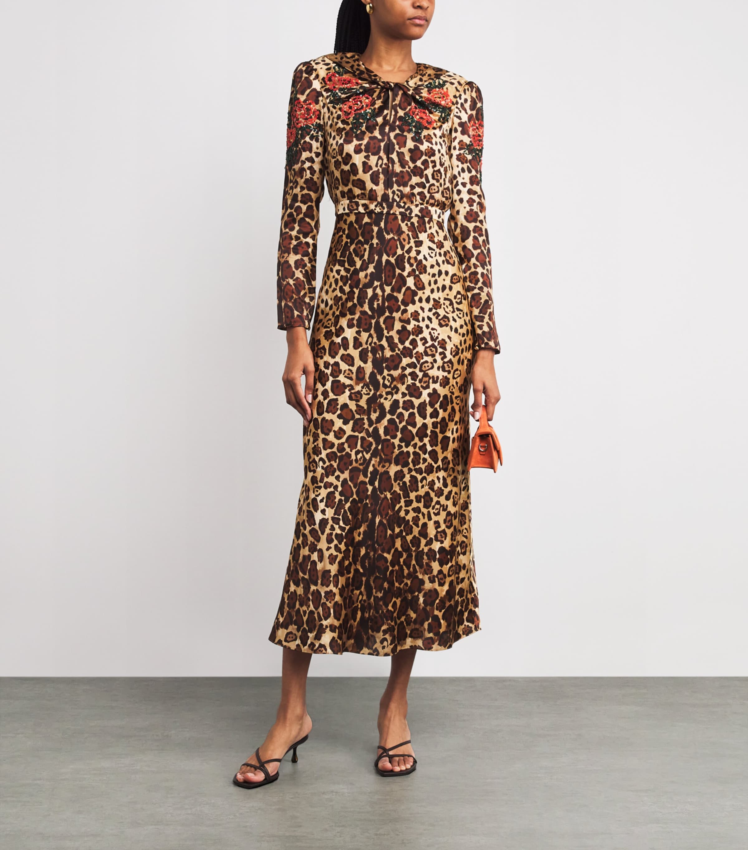 Saloni Womens Satin Beaded Cheetah Print Claudia Midi Dress Cheetah Image 2