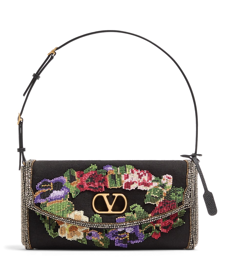 Valentino Garavani Small Linen Embellished DeVain Shoulder Bag