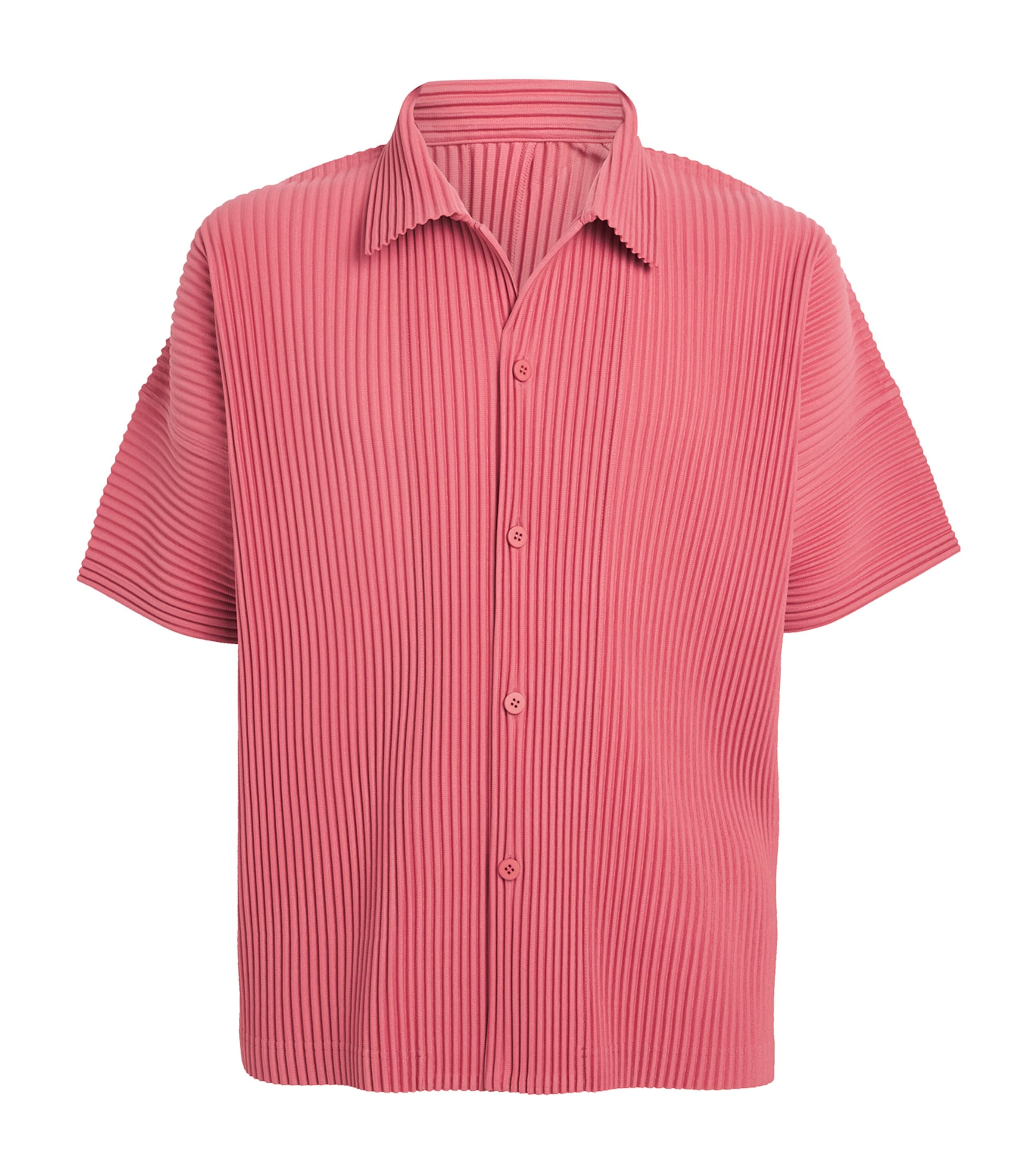 Issey Miyake Ns Dusky Red Pleated Spread-collar Short-sleeve Knitted Shirt