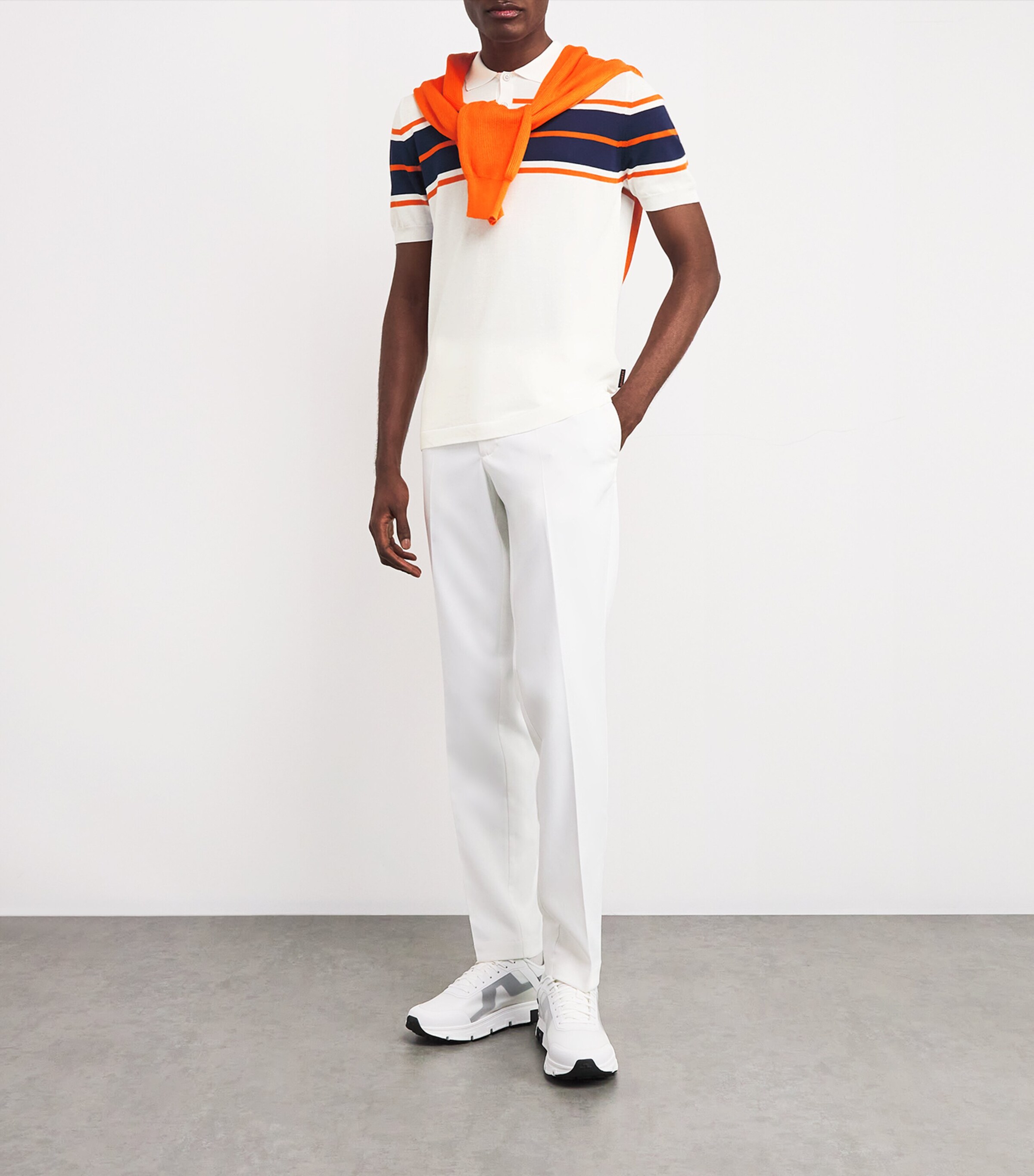 Cotton Stripe-Detail Polo Shirt V2509-BIANCO/NAVY Image 2