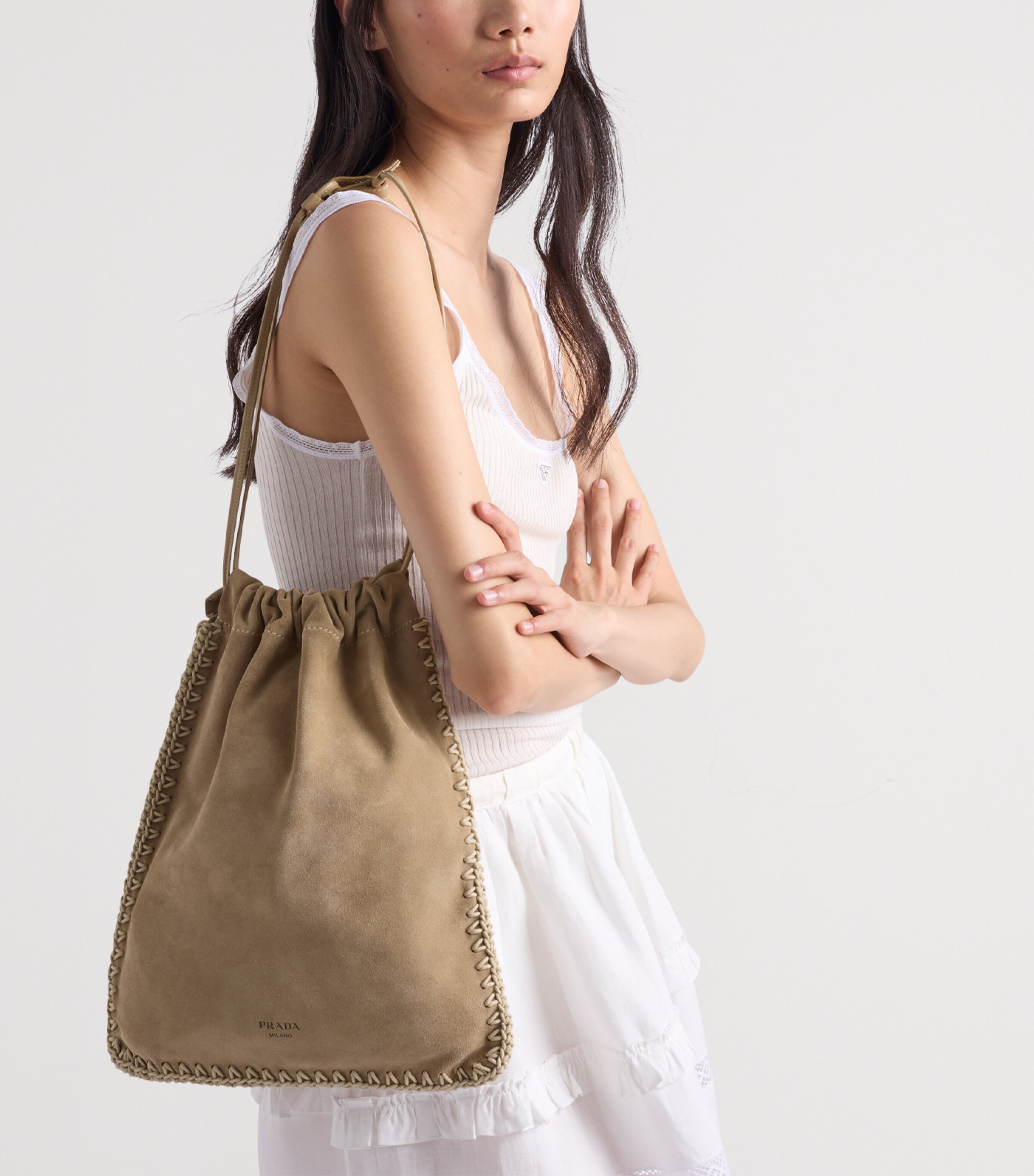 Prada Suede Drawstring Wish Pouch Neutral Image 7