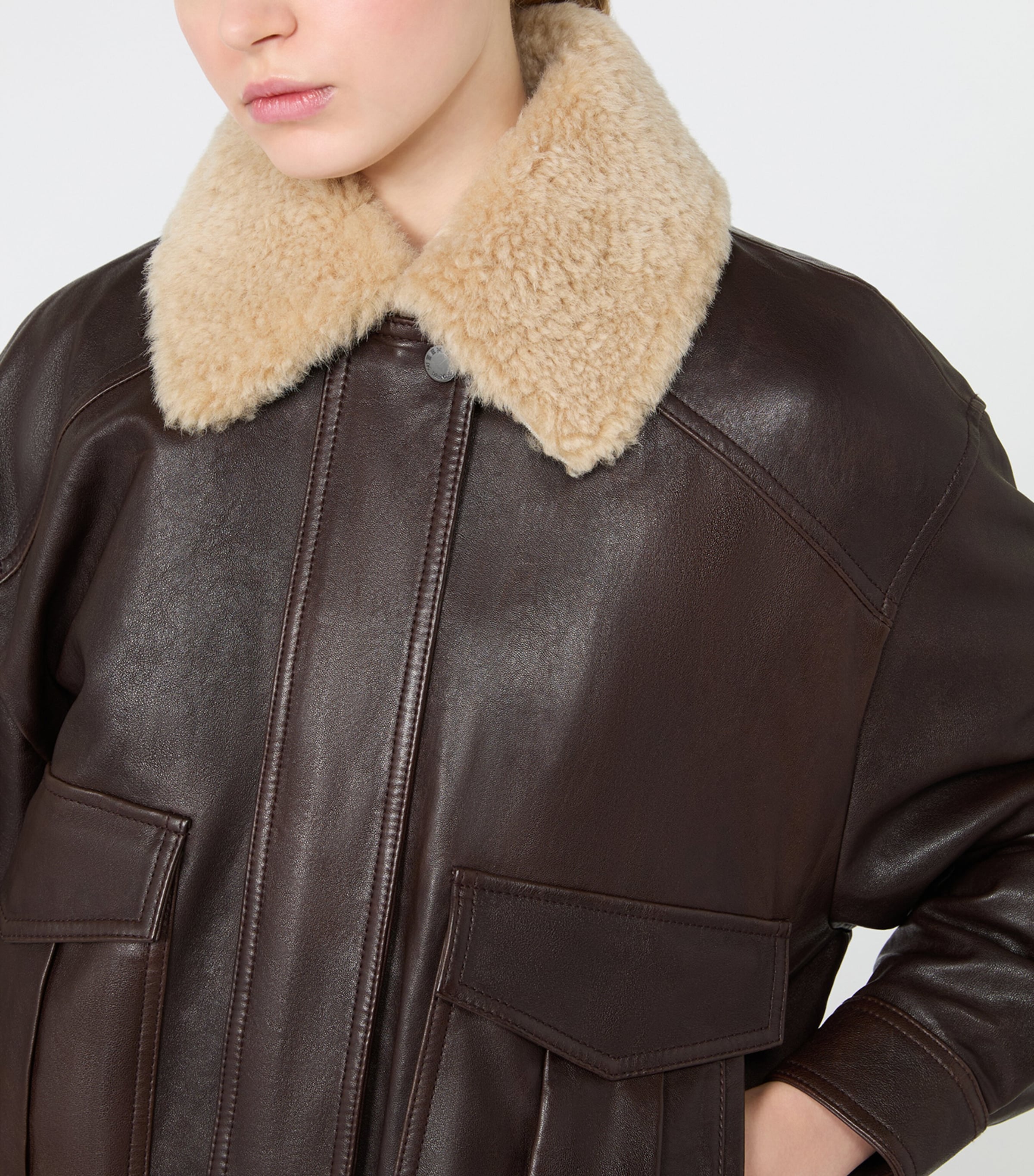Weekend Max Mara Womens Leather Fur-Trim Jacket Dark Bown Image 6
