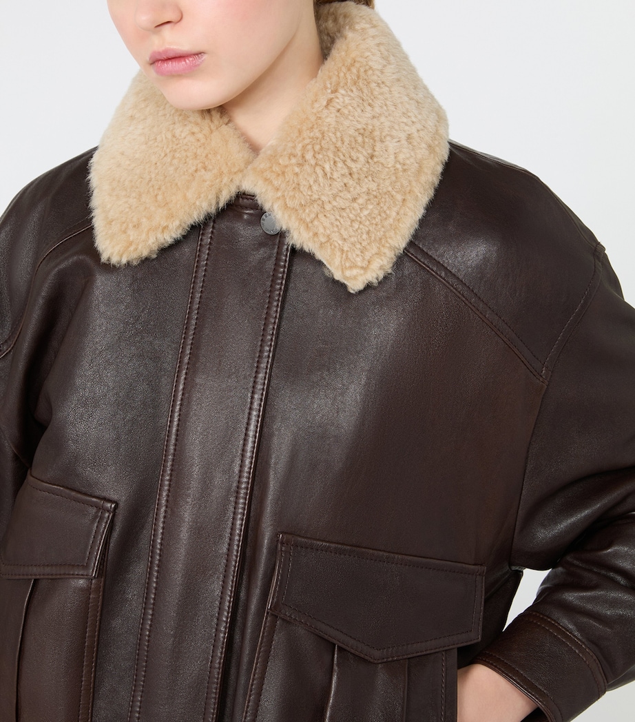 Weekend Max Mara Womens Leather Fur-Trim Jacket Dark Bown Image 6