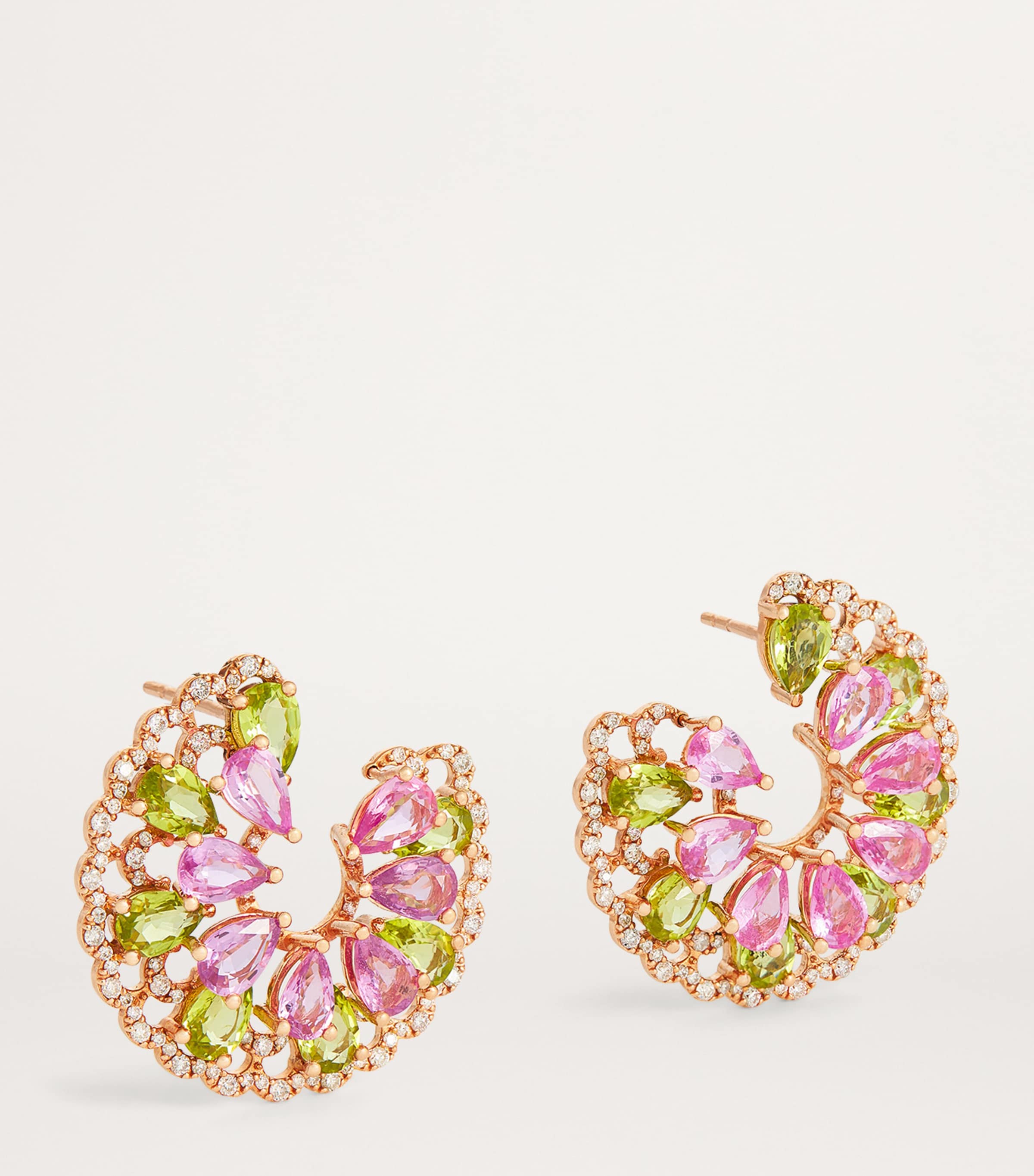 Rose Gold, Diamond, Pink Sapphire and Peridot Secret Garden Peacock Earrings ROSE GOLD Image 3