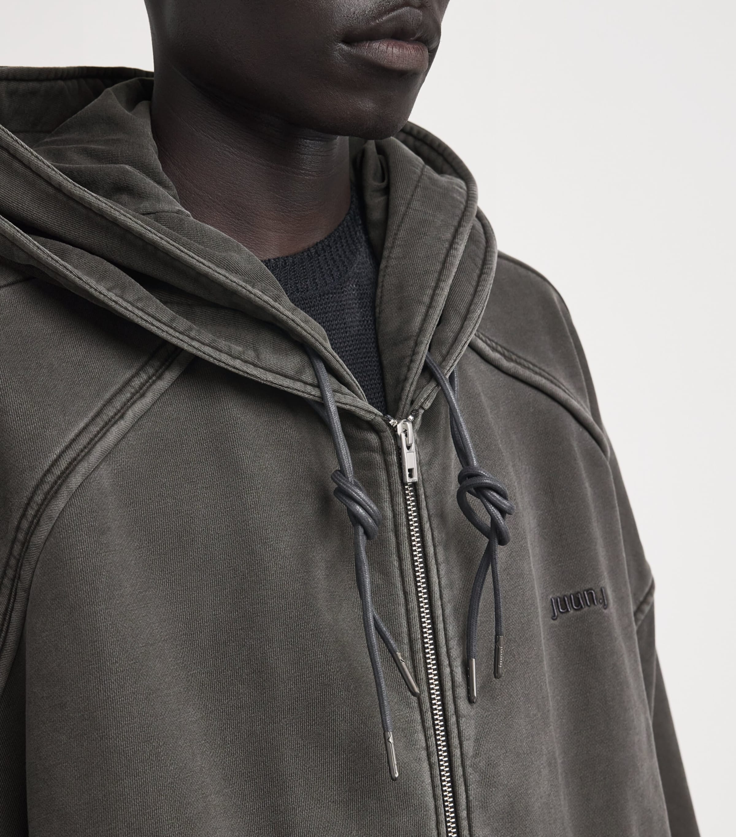 Juun.J Black Cotton Oversized Double-Layer Zip-Up Hoodie Juun.J Black Cotton Oversized Double-Layer Zip-Up Hoodie