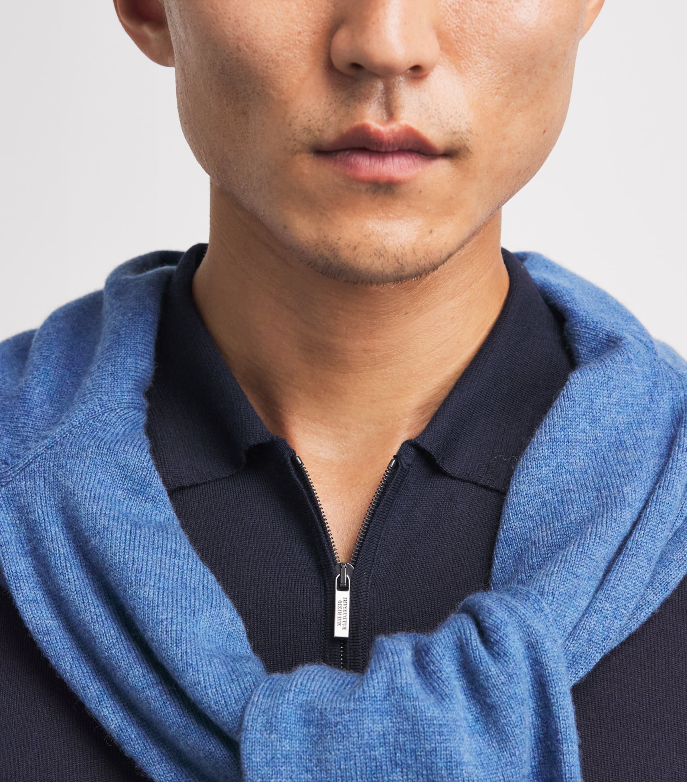 Maurizio Baldassari Mens Virgin Wool Zip-Up Polo Shirt Dark Navy Image 3