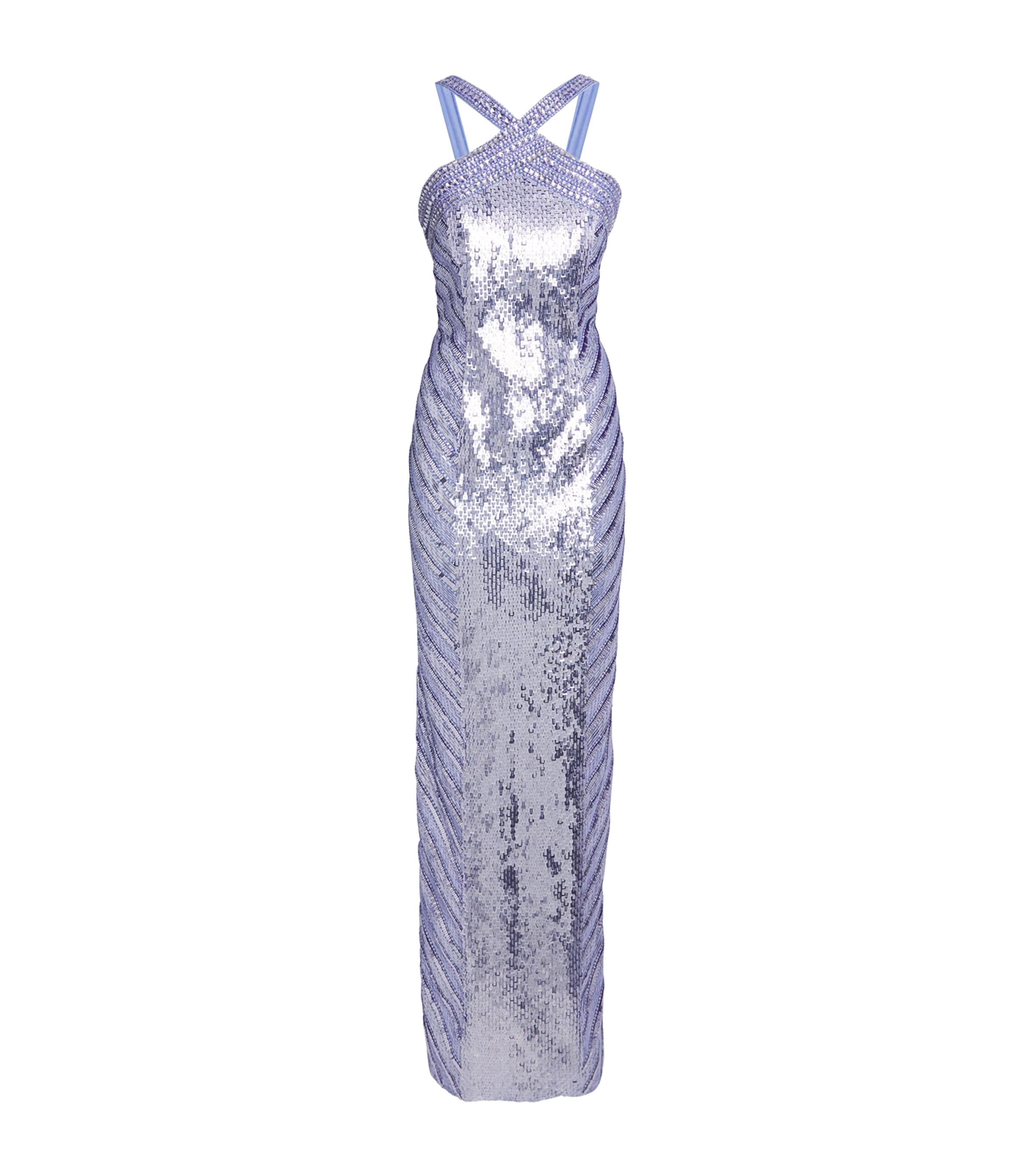 Pamella Roland Sequinned Embellished Halterneck Gown In Blue