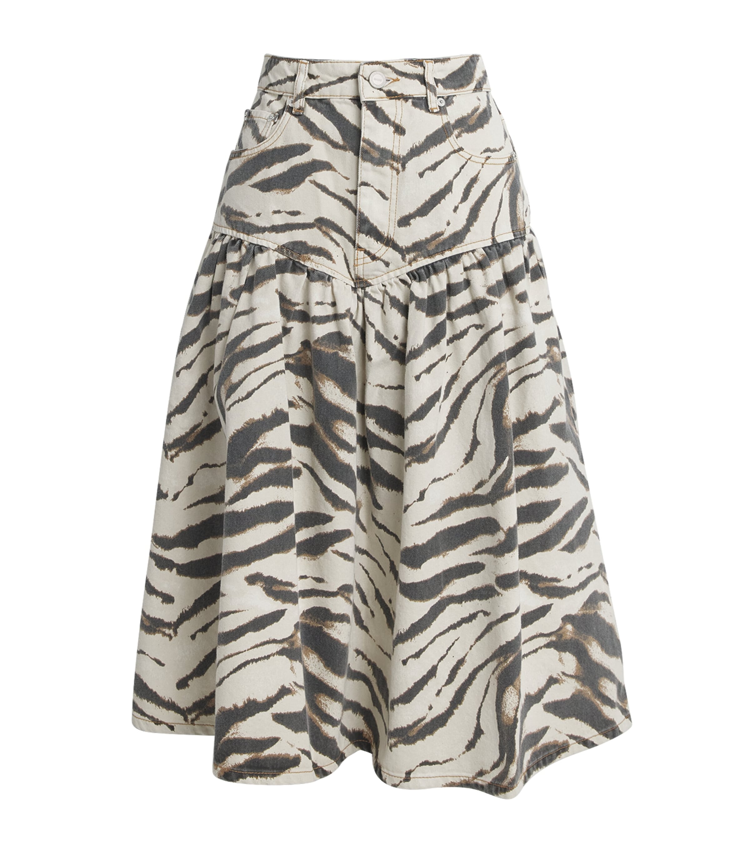 GANNI Womens Zebra Denim Midi Skirt Egret Image 1
