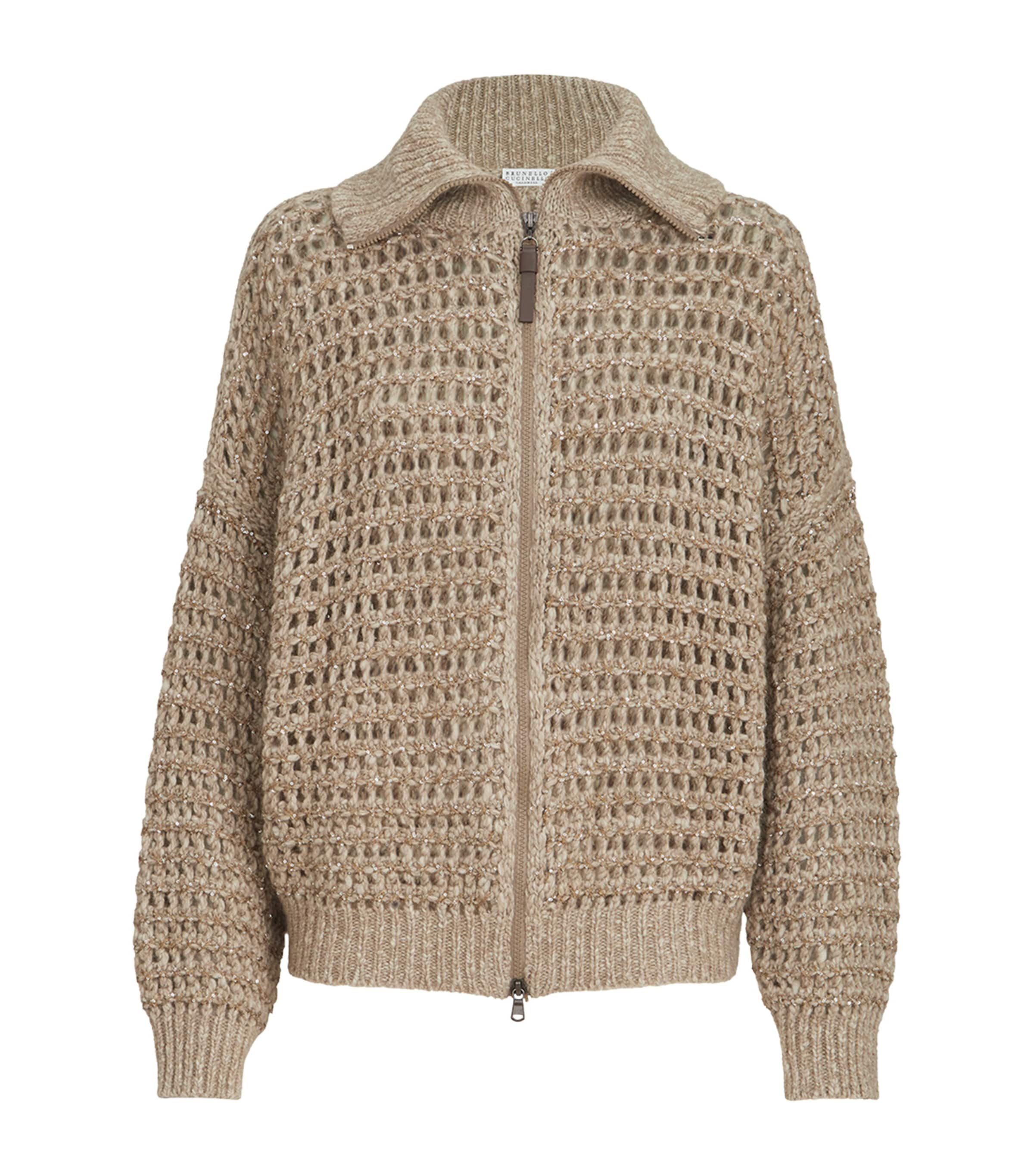 Brunello Cucinelli Womens Wool-Cashmere-Blend Embellished Cardigan Beige+brown Image 1