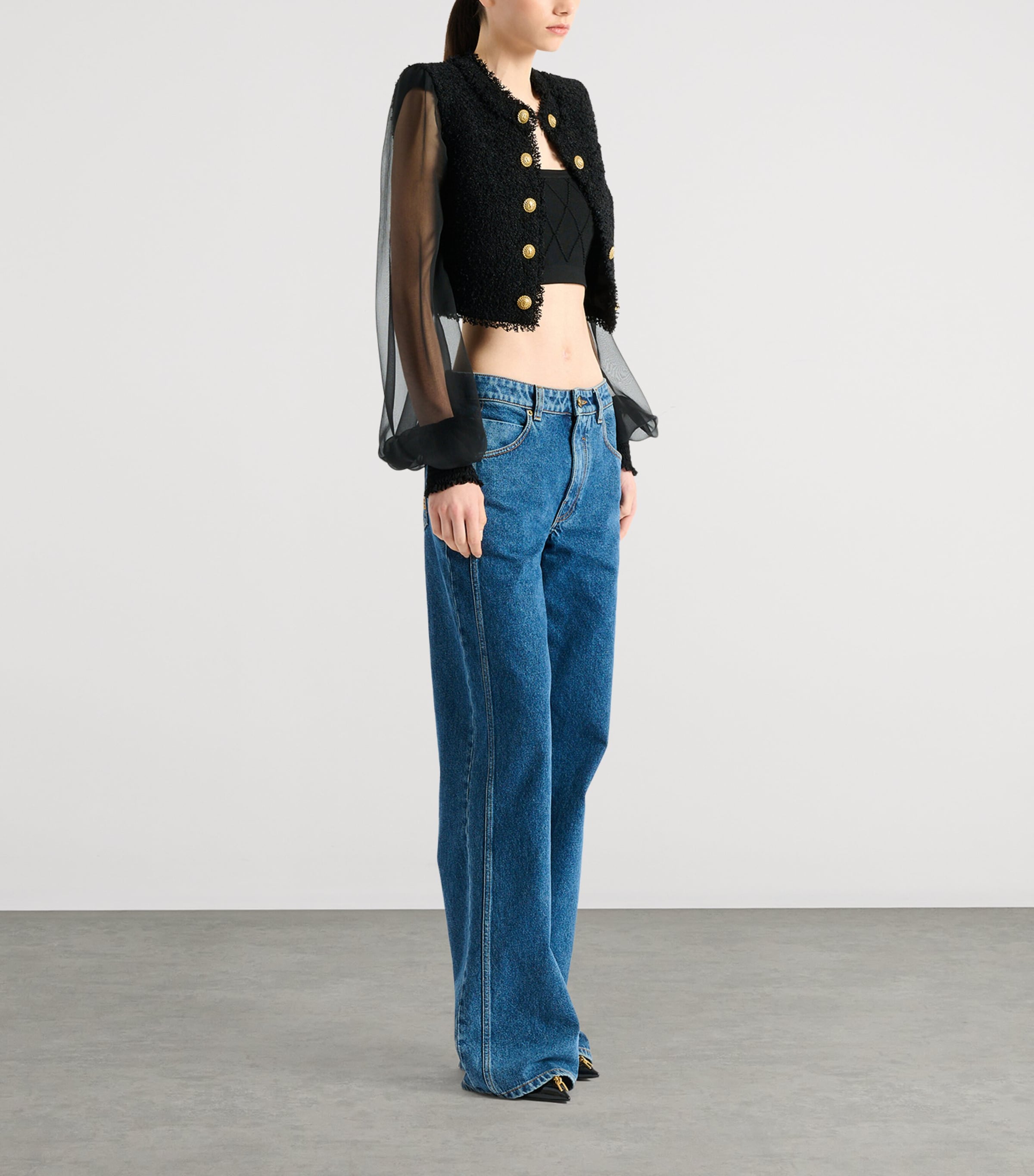 Balmain Womens Tweed Muslin-Sleeve Blouse Eap Noir/noir Image 2