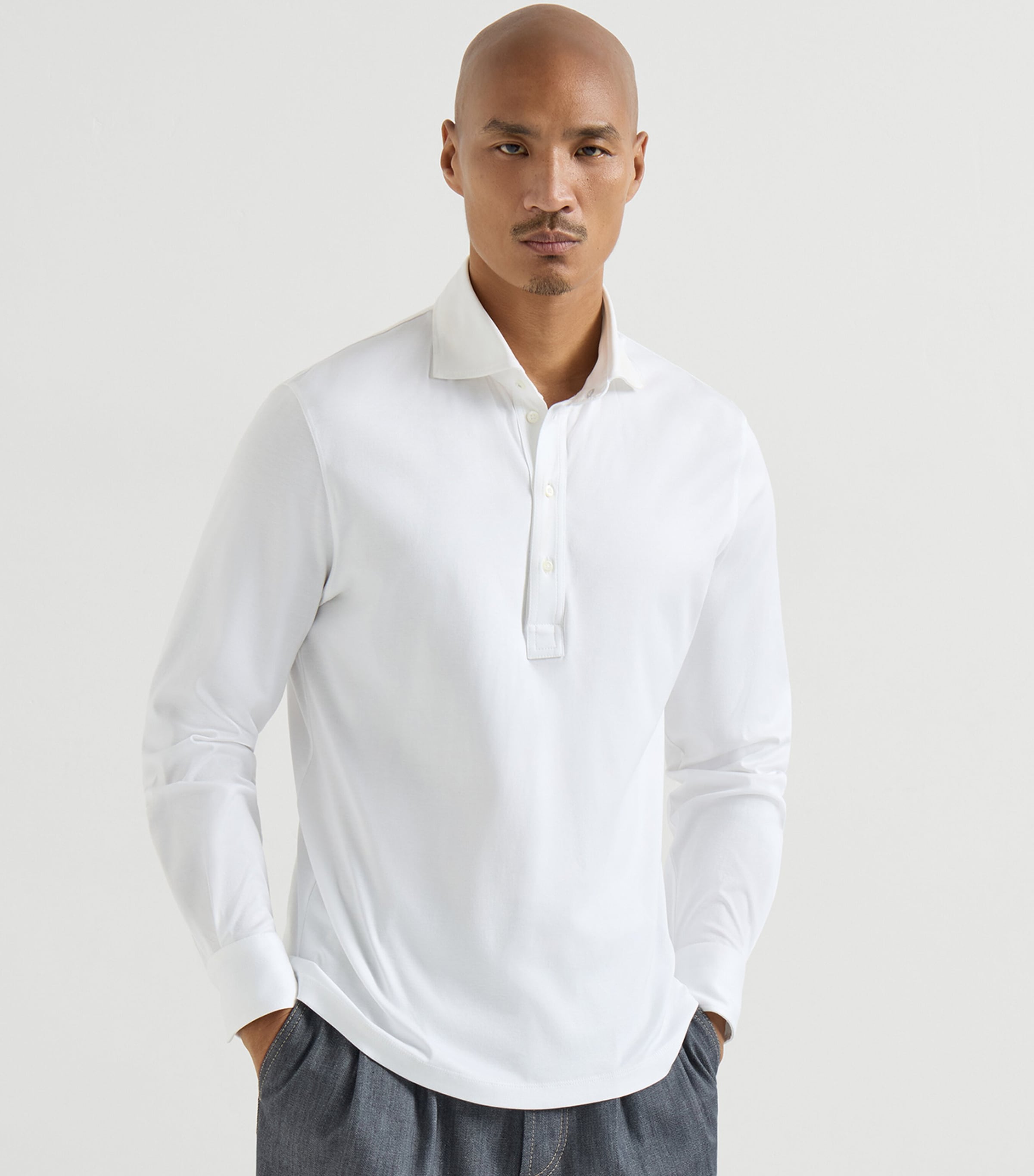 Brunello Cucinelli White Cotton Long-Sleeve Polo Shirt | Harrods US